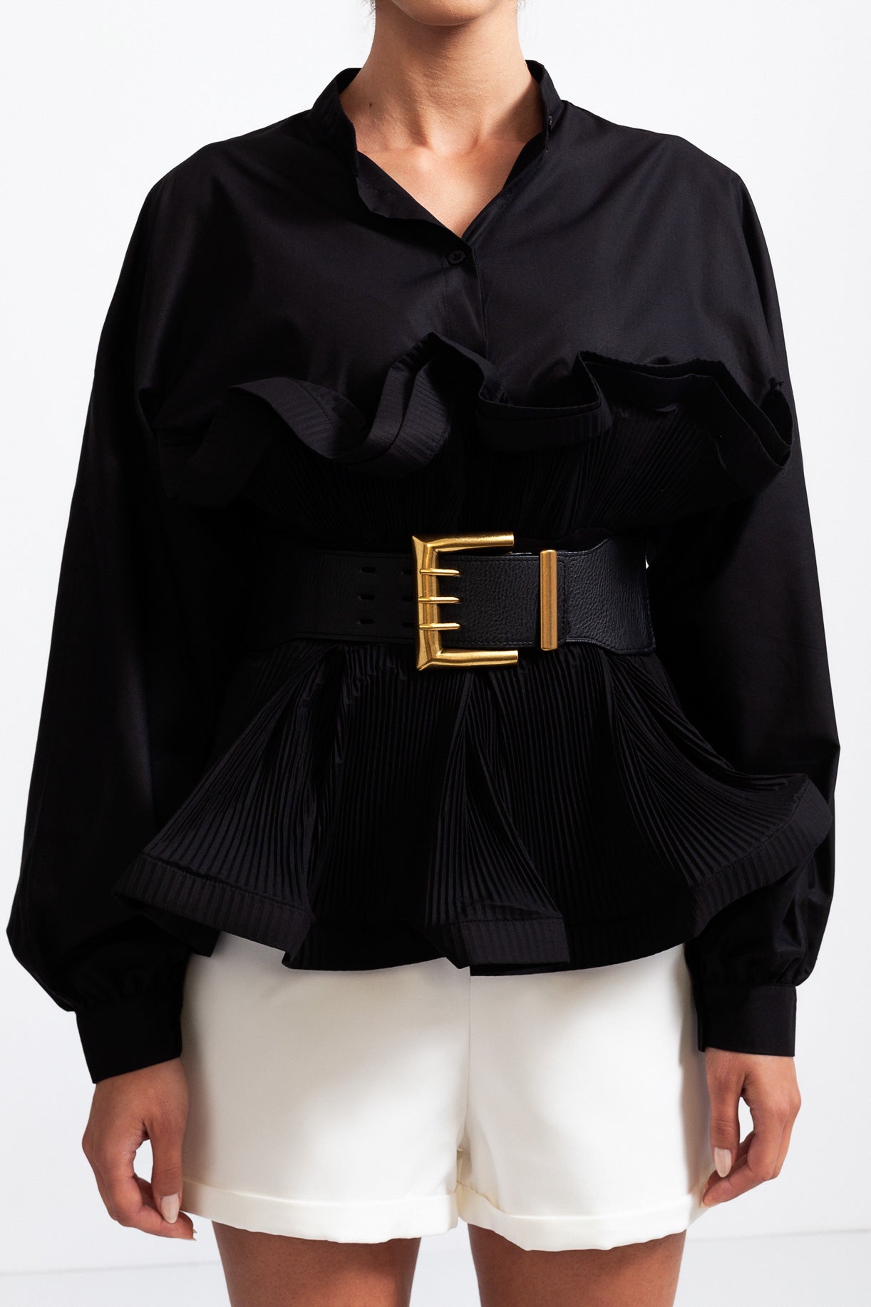 SERILDA Ruffle Shirt with Massive Belt - Black