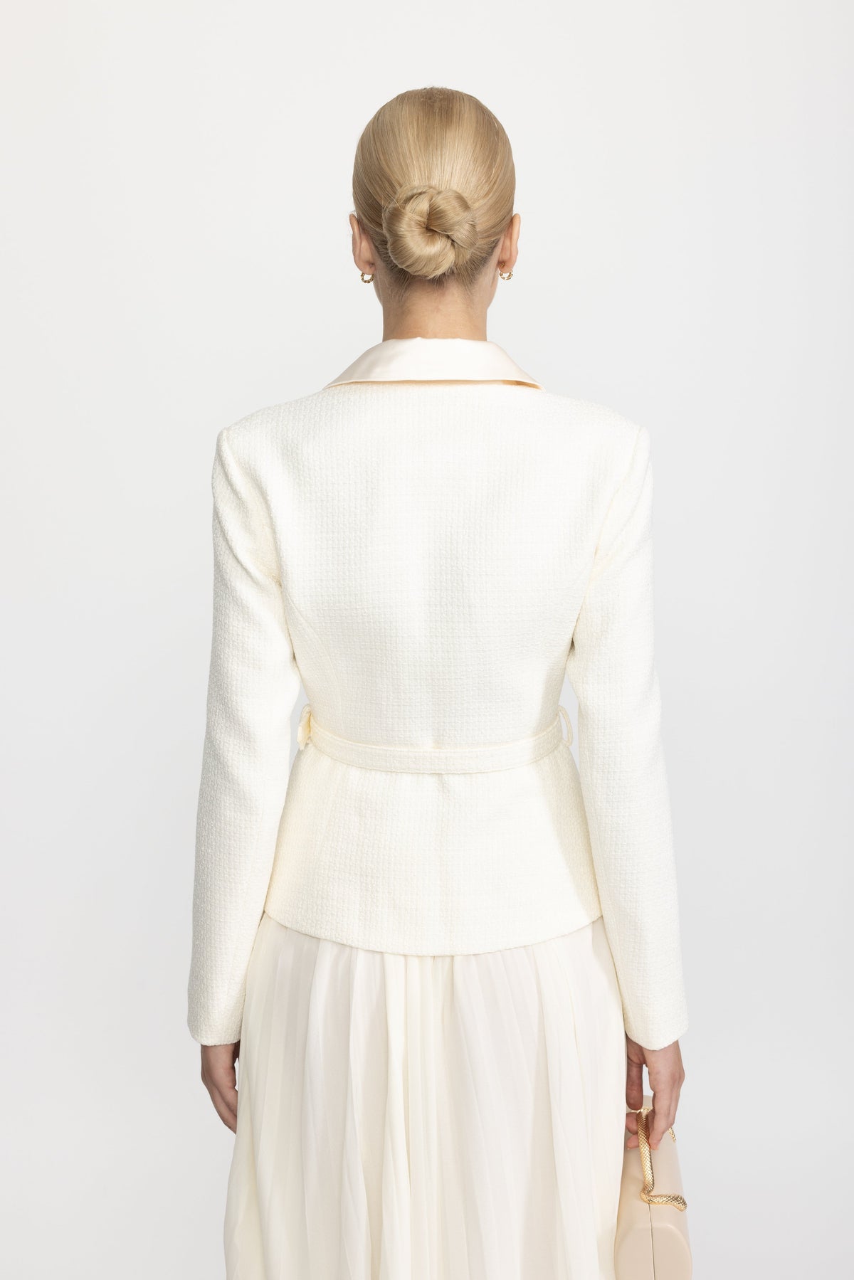 Satin Collar Tweed Jacket Dress with Pleated Lace Skirt - Ivoire