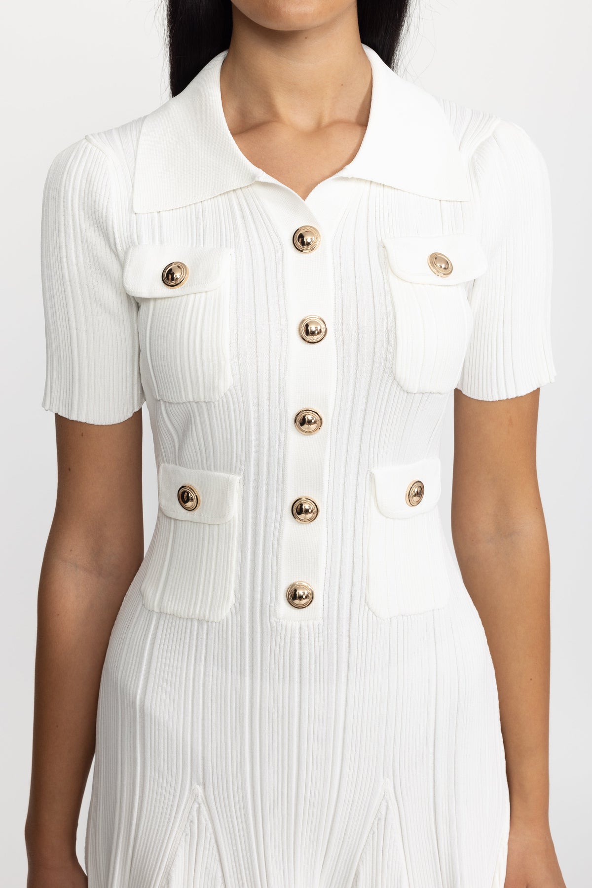 Polo Collar Rib Knit Mini Dress with Gold Buttons - White