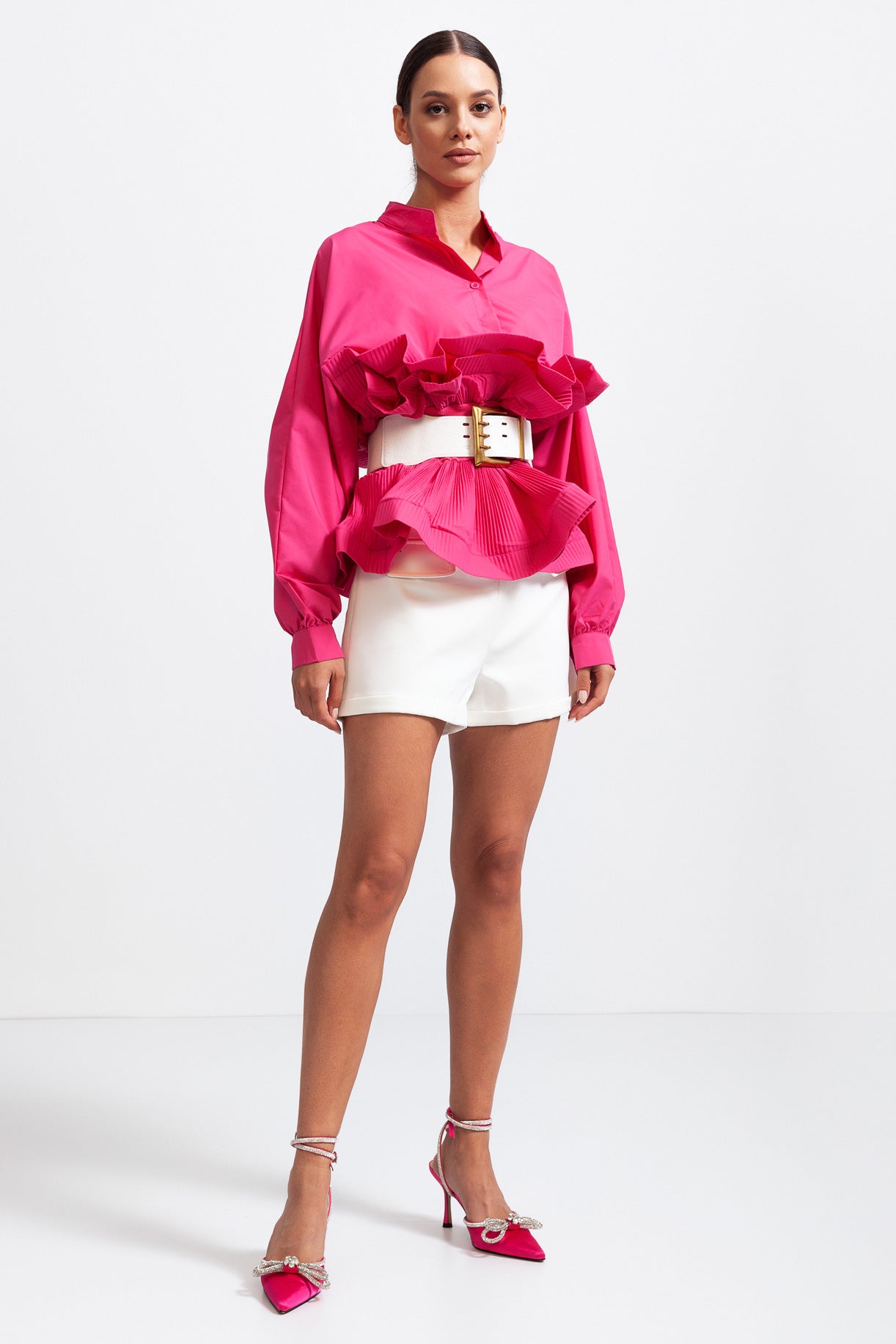 SERILDA Ruffle Shirt with Massive Belt - Fuchsia Pink