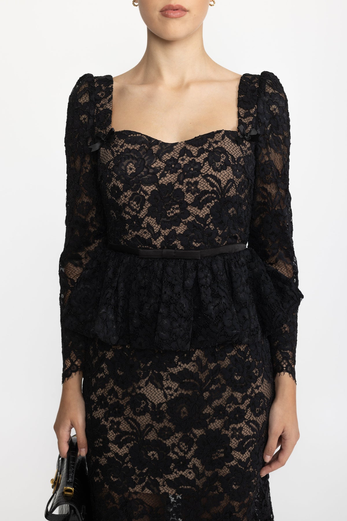 Lace Sweetheart Peplum Midi Dress with Puff Sleeves - Black