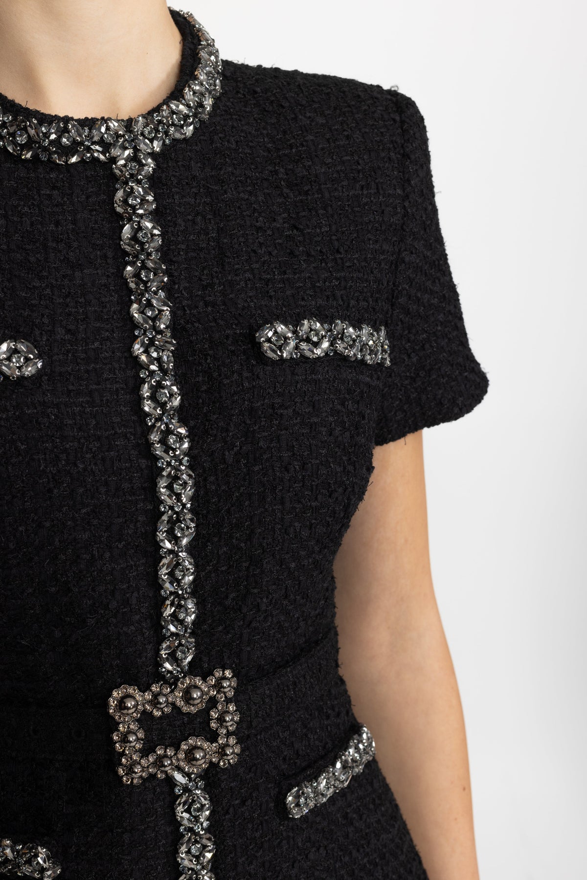 Crystal Trim Tweed and Satin Peplum Midi Dress - Black