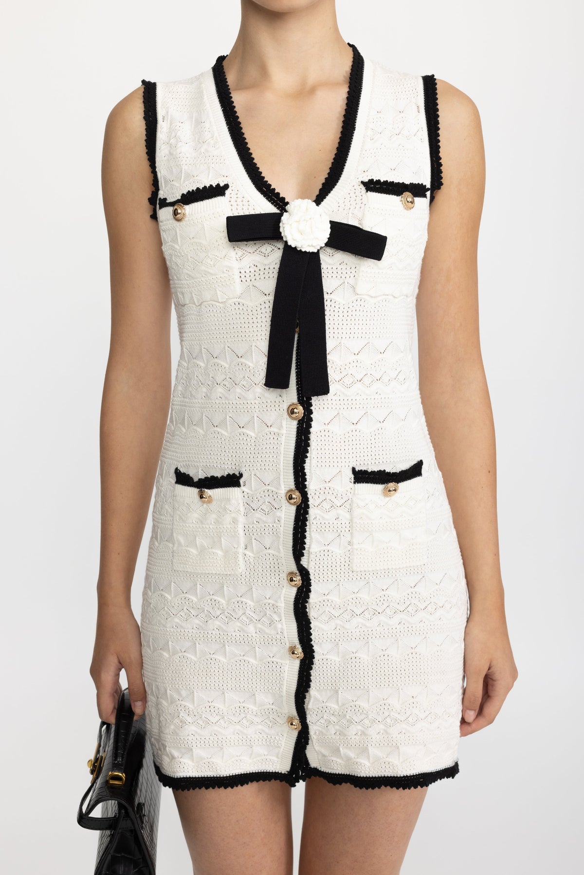 Armelle White Bow Detail Crochet Knit Sleeveless Mini Dress