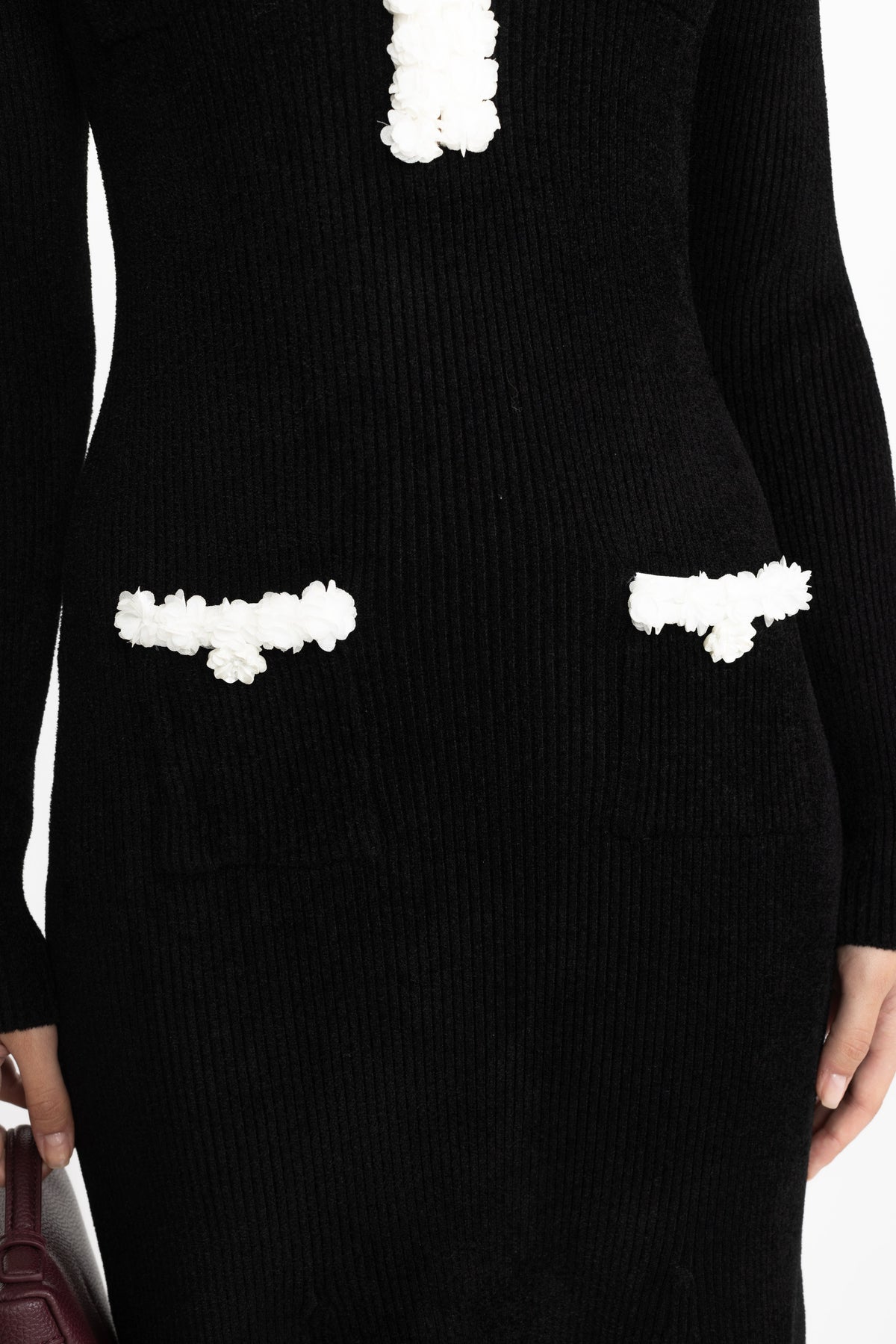 Bertille Black Chenille Knit Midi Dress with Contrast Bobble Trim