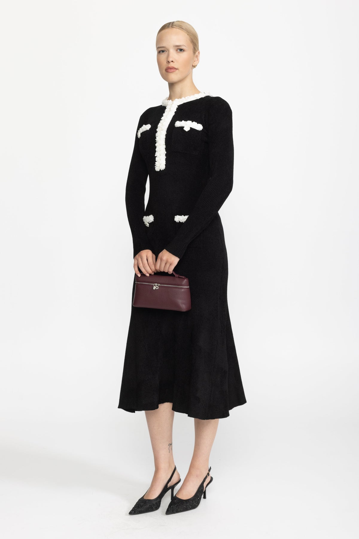 Bertille Black Chenille Knit Midi Dress with Contrast Bobble Trim