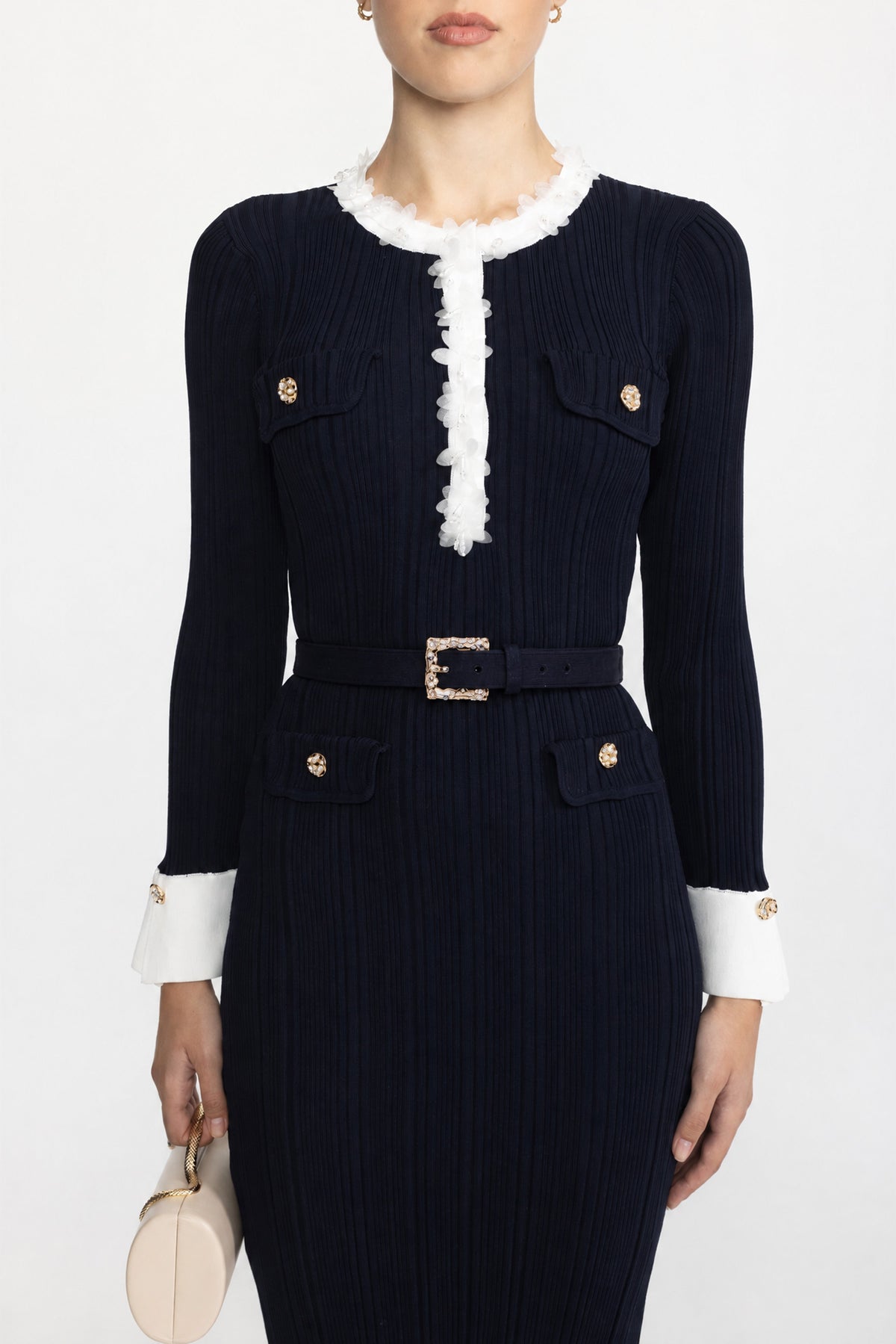 Albertine Navy Organza Ruffle Trim Rib Knit Belted Midi Dress