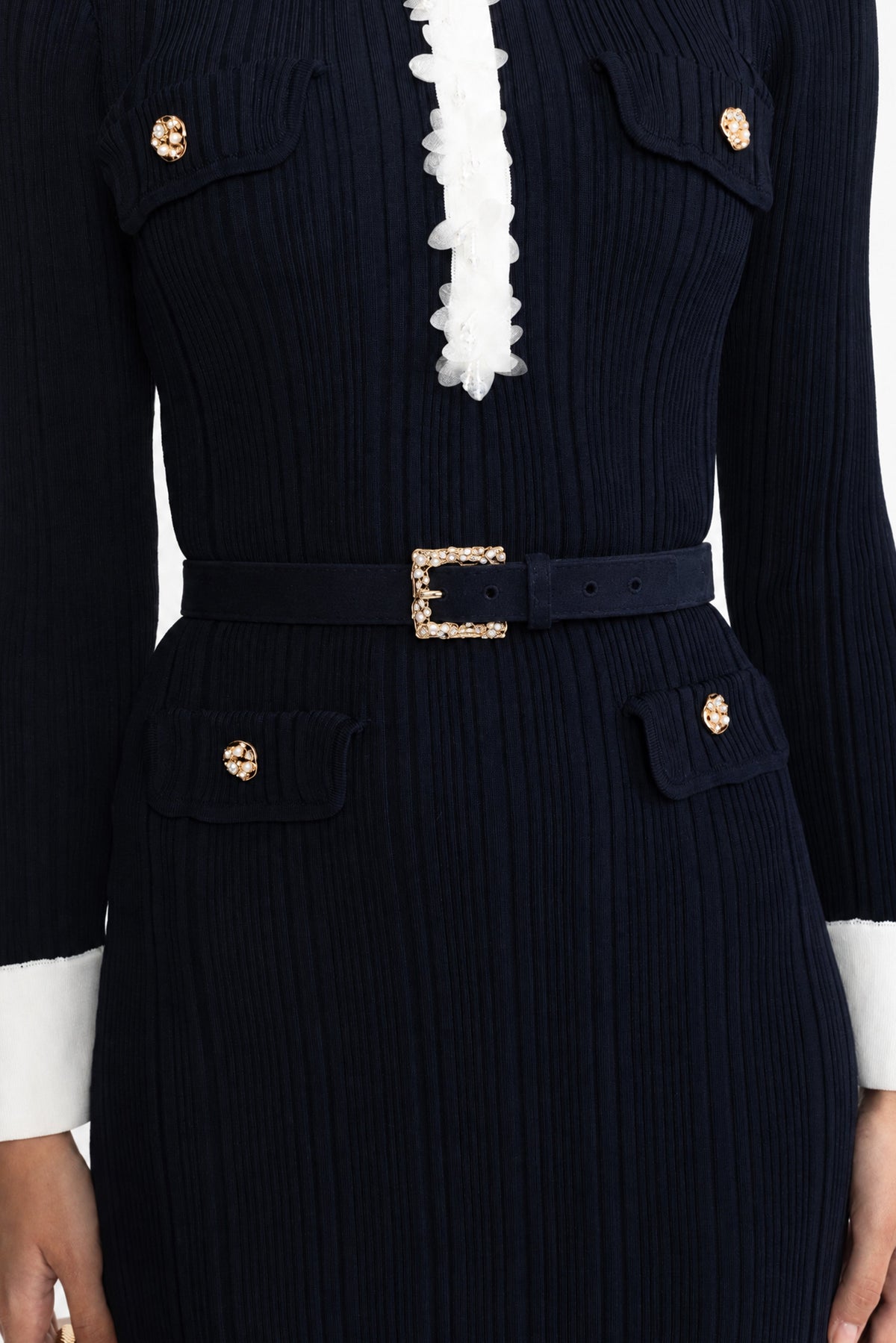 Albertine Navy Organza Ruffle Trim Rib Knit Belted Midi Dress