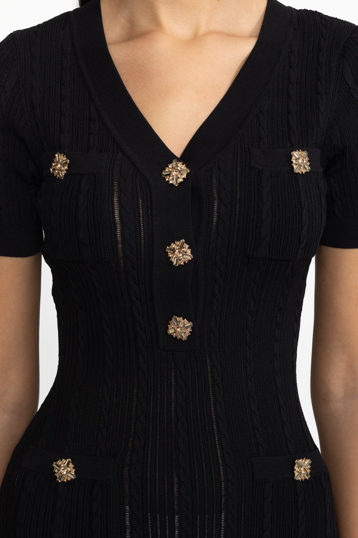 Clémence Black Cable Knit Jewel-Button Midi Dress