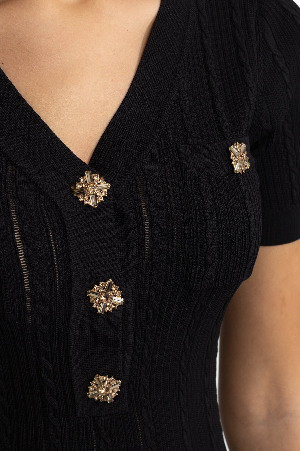 Clémence Black Cable Knit Jewel-Button Midi Dress