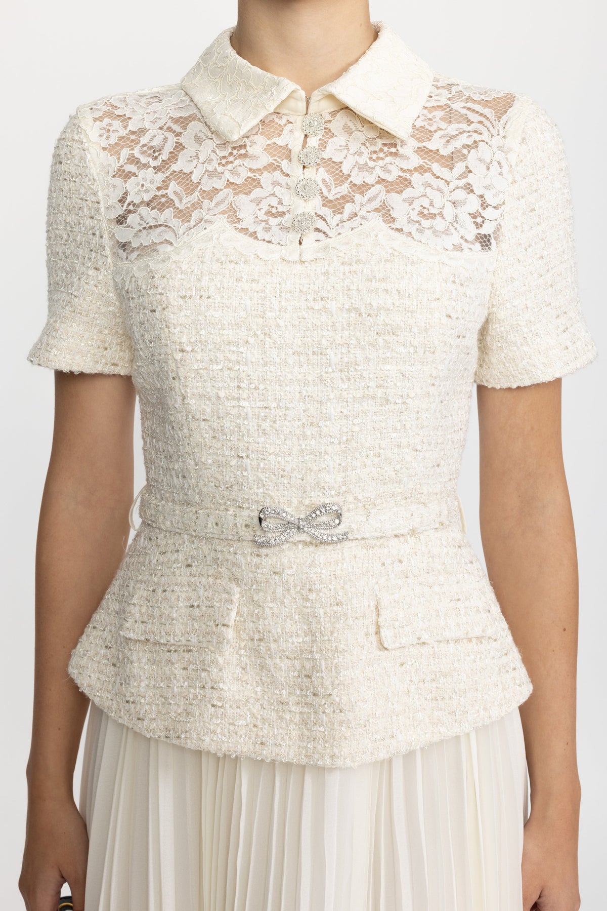 Domitille Ivoire Lace Yoke Tweed Peplum Dress with Pleated Skirt