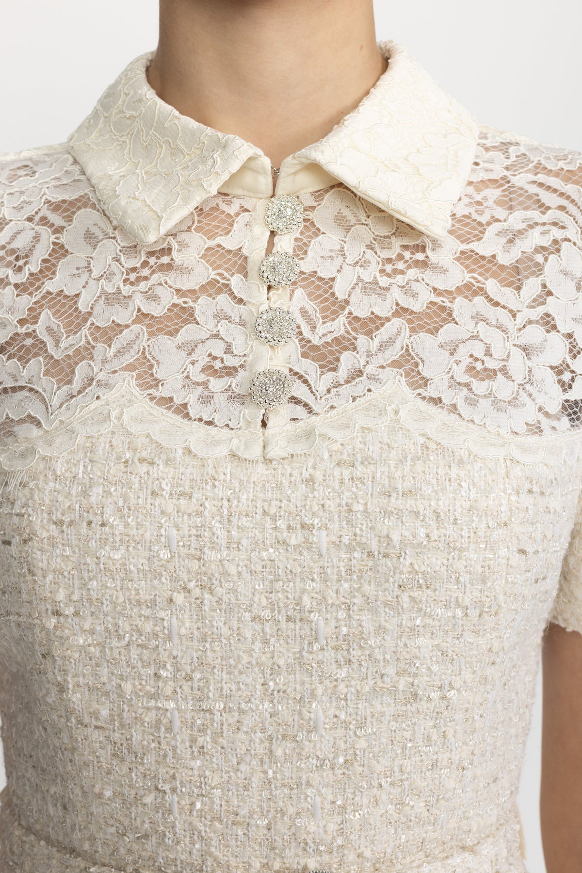 Domitille Ivoire Lace Yoke Tweed Peplum Dress with Pleated Skirt