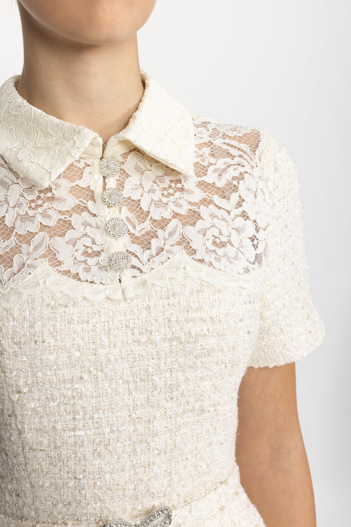Domitille Ivoire Lace Yoke Tweed Peplum Dress with Pleated Skirt