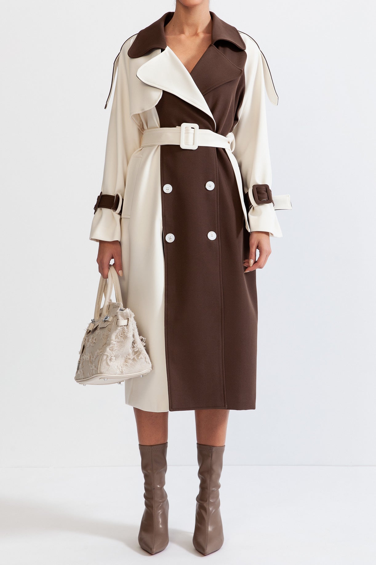 SOPHIA Bicolor Double Breasted Trench Coat - Beige & Brown