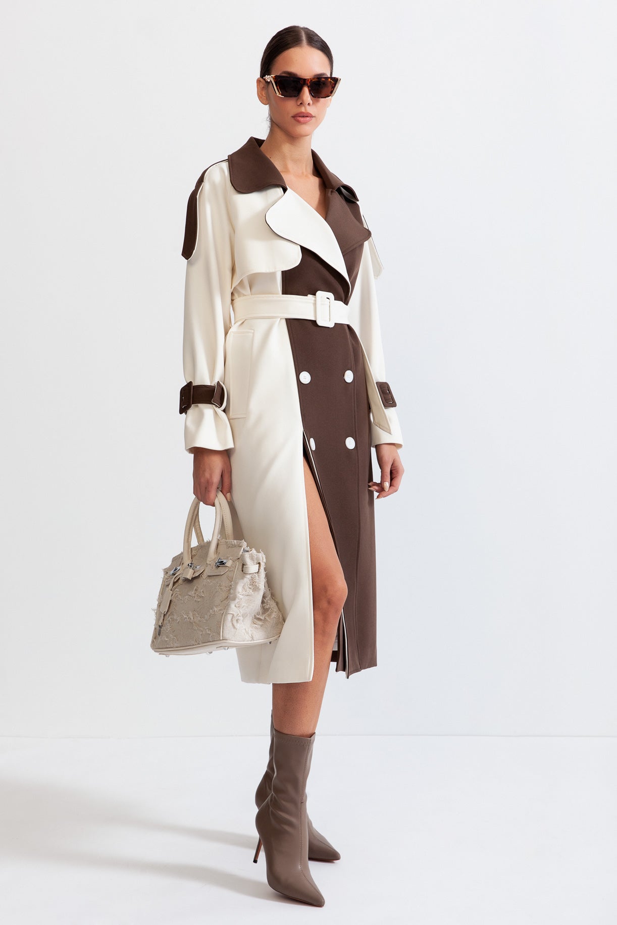 SOPHIA Bicolor Double Breasted Trench Coat - Beige & Brown