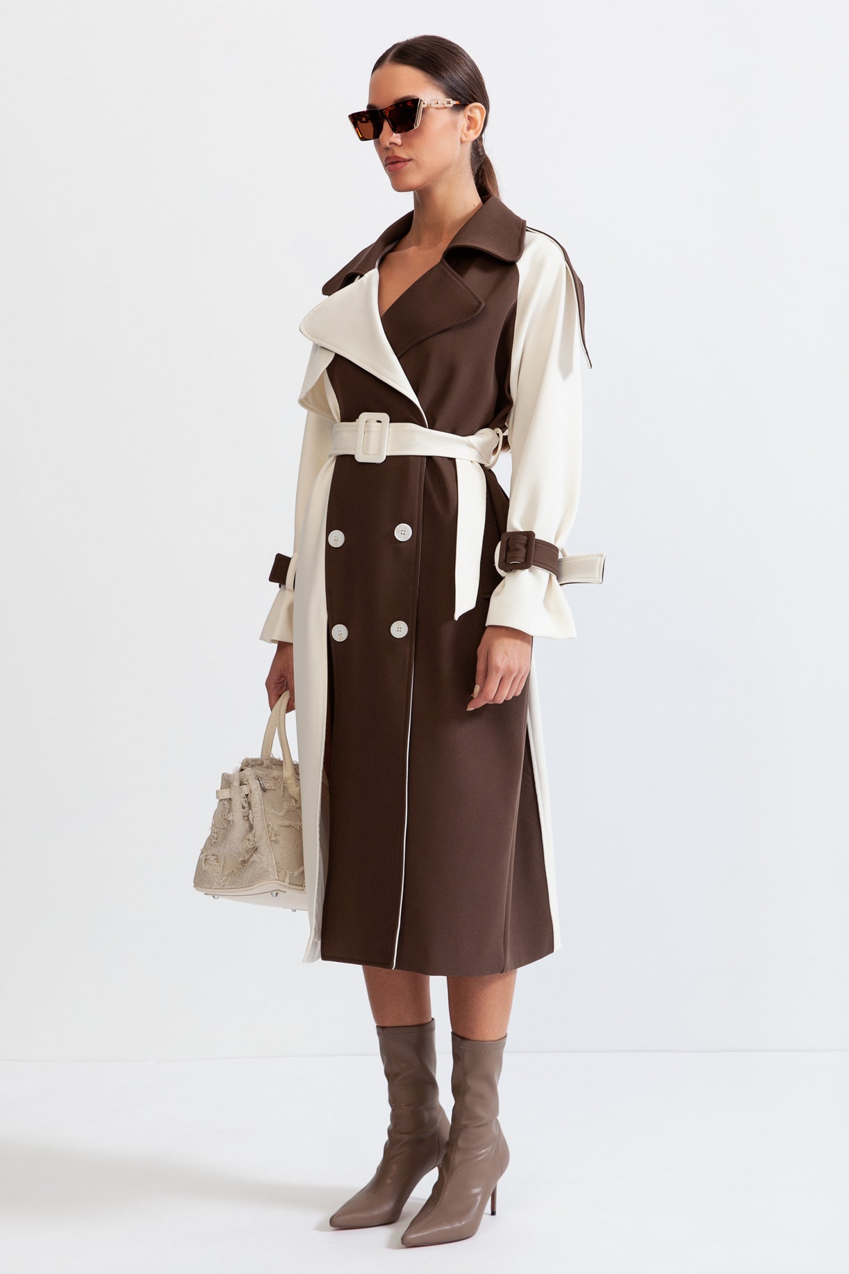 SOPHIA Bicolor Double Breasted Trench Coat - Beige & Brown