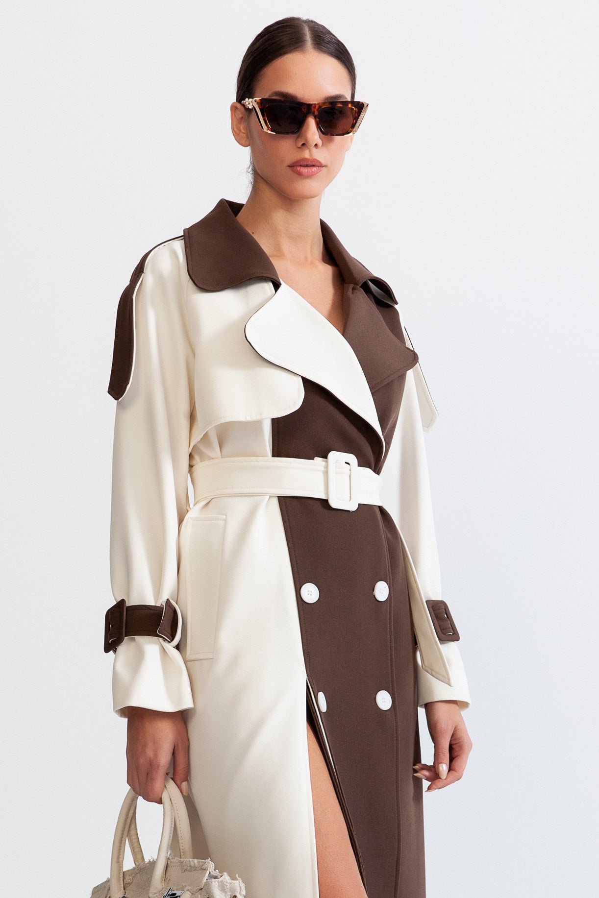 SOPHIA Bicolor Double Breasted Trench Coat - Beige & Brown