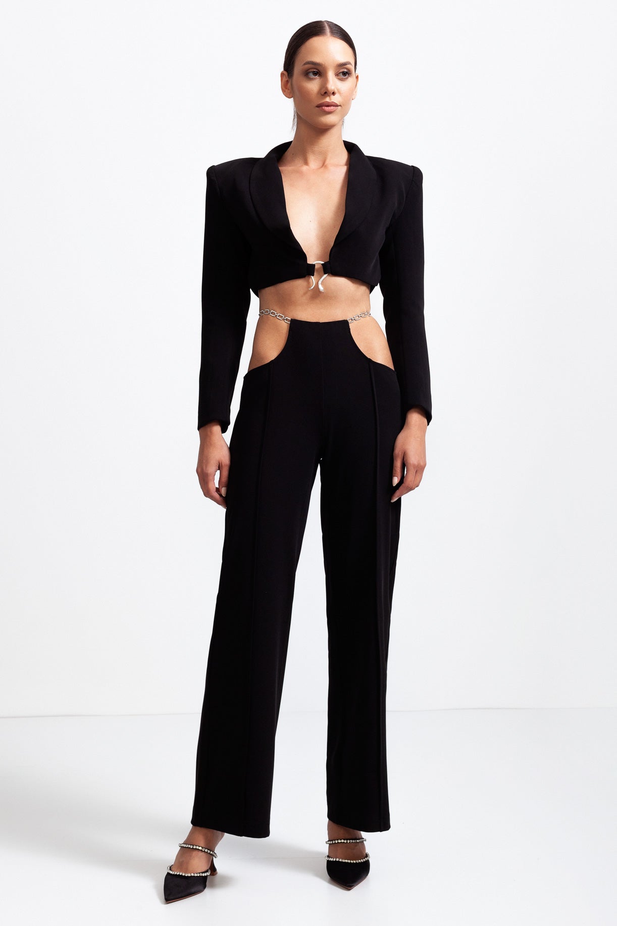 CALISTA Short Blazer with Cutout Trousers and Silver Details - Black