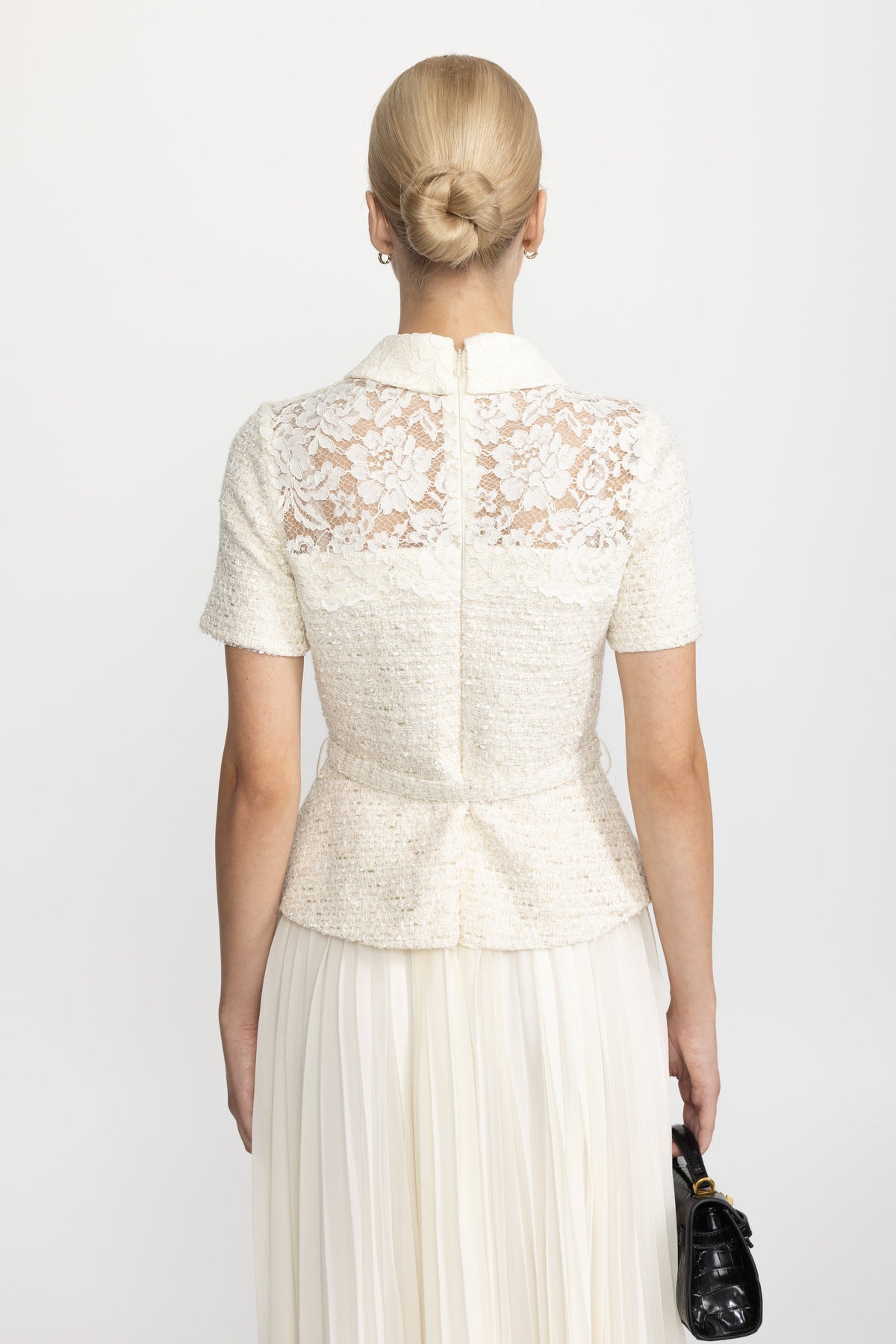 Domitille Ivoire Lace Yoke Tweed Peplum Dress with Pleated Skirt
