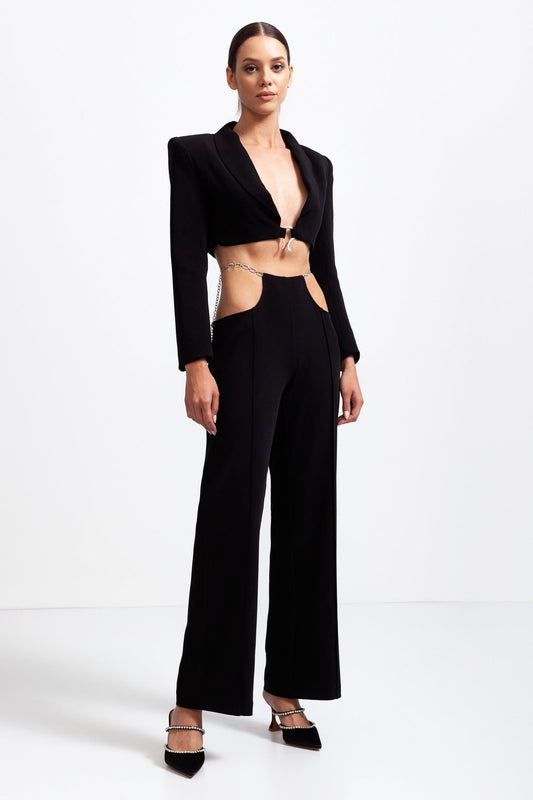 CALISTA Short Blazer with Cutout Trousers and Silver Details - Black
