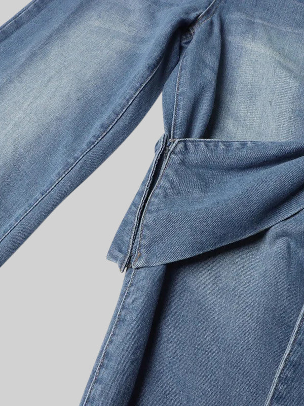 Wide Leg Jeans with Bow Details - Blue