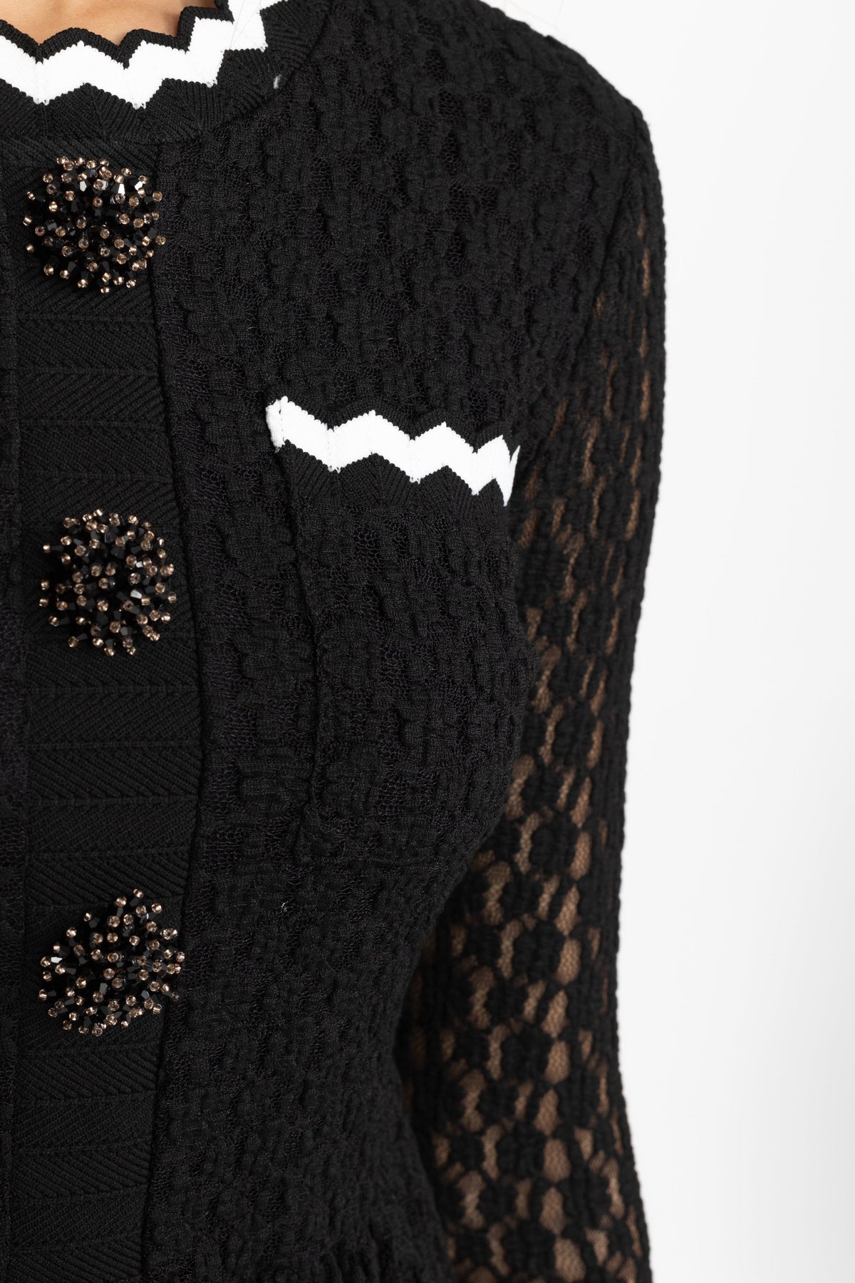 Hortense Black Crochet Knit Peplum Midi Dress with Ric-Rac Trim