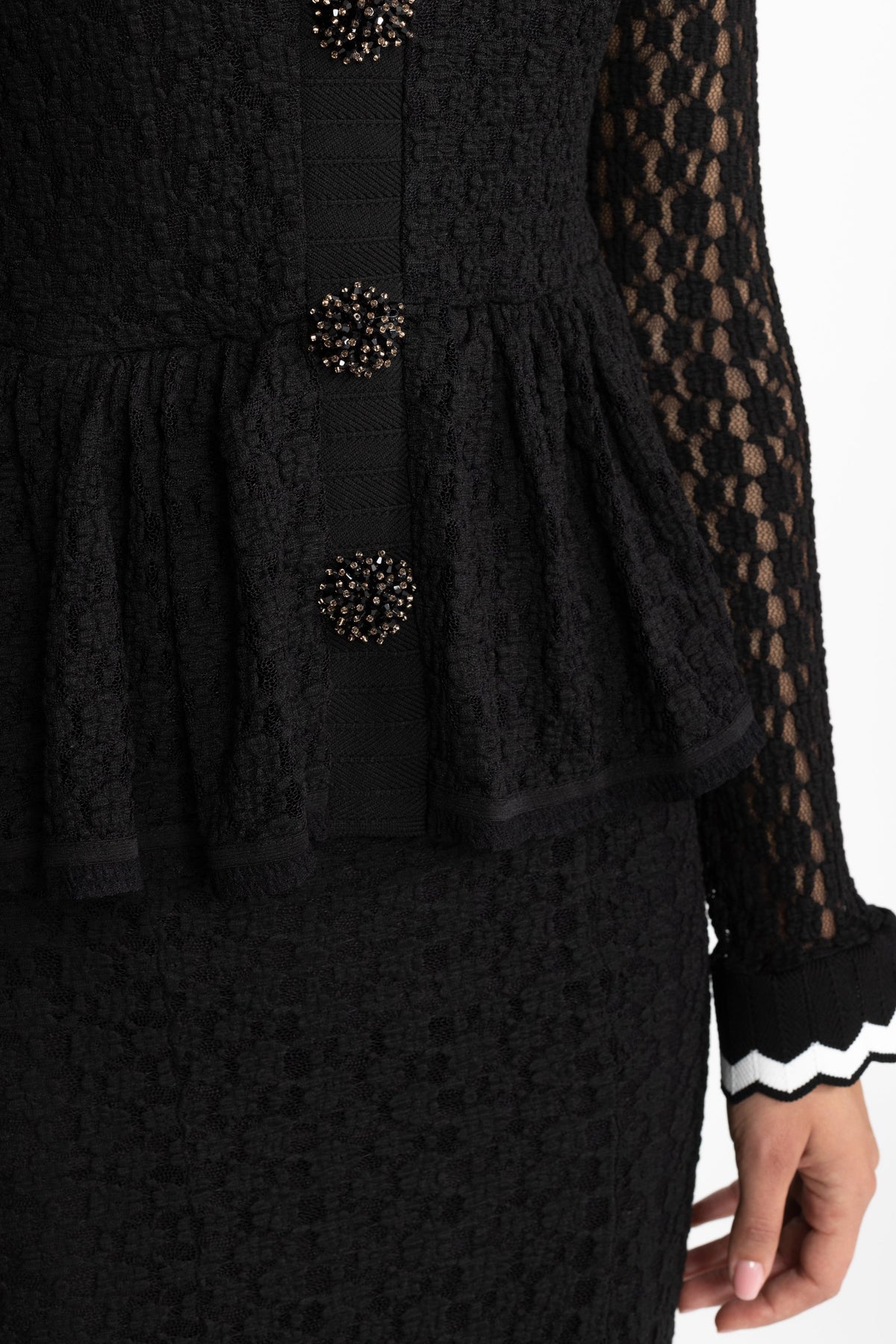 Hortense Black Crochet Knit Peplum Midi Dress with Ric-Rac Trim