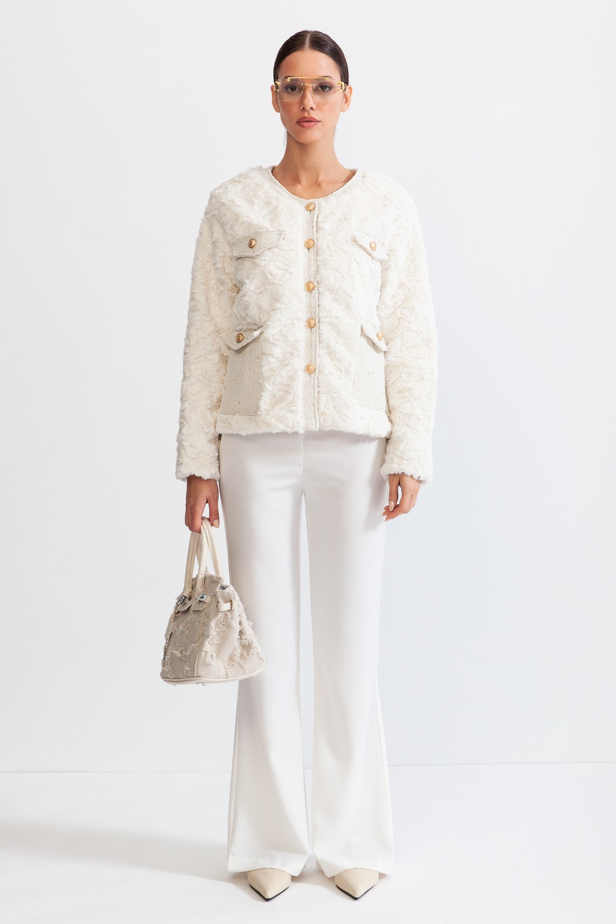 ELYSIAN Fluffy Jacket with Gold Buttons - White