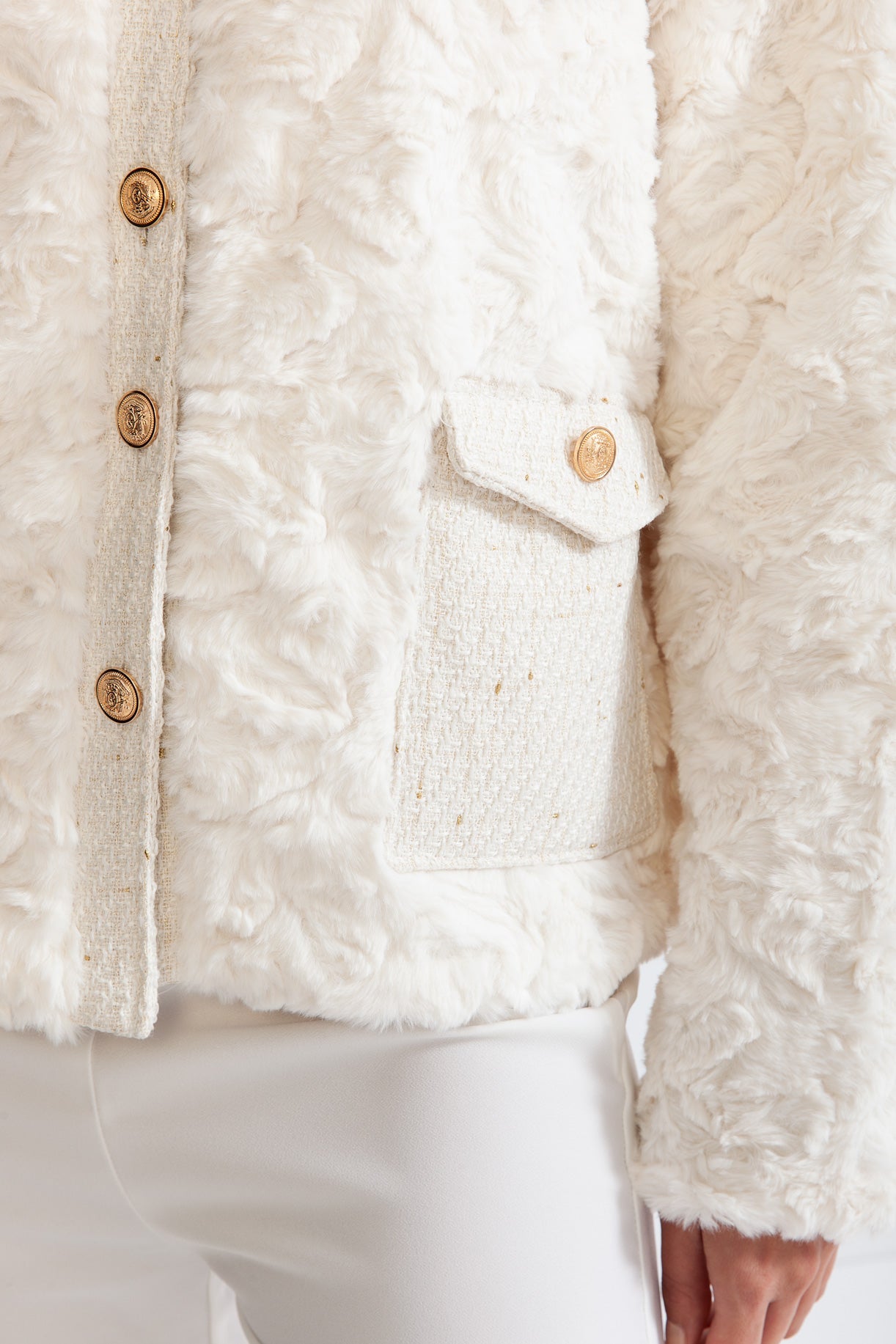 ELYSIAN Fluffy Jacket with Gold Buttons - White