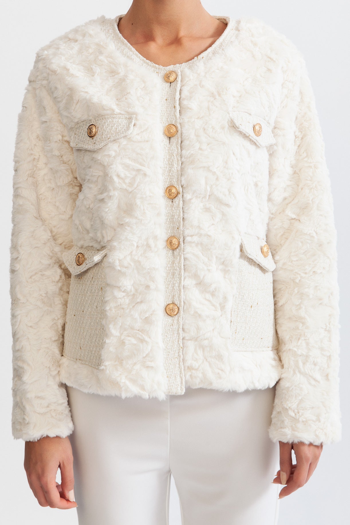 ELYSIAN Fluffy Jacket with Gold Buttons - White