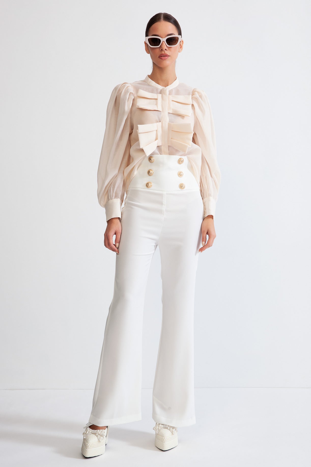 ELARA Double Breasted High waisted trousers - White