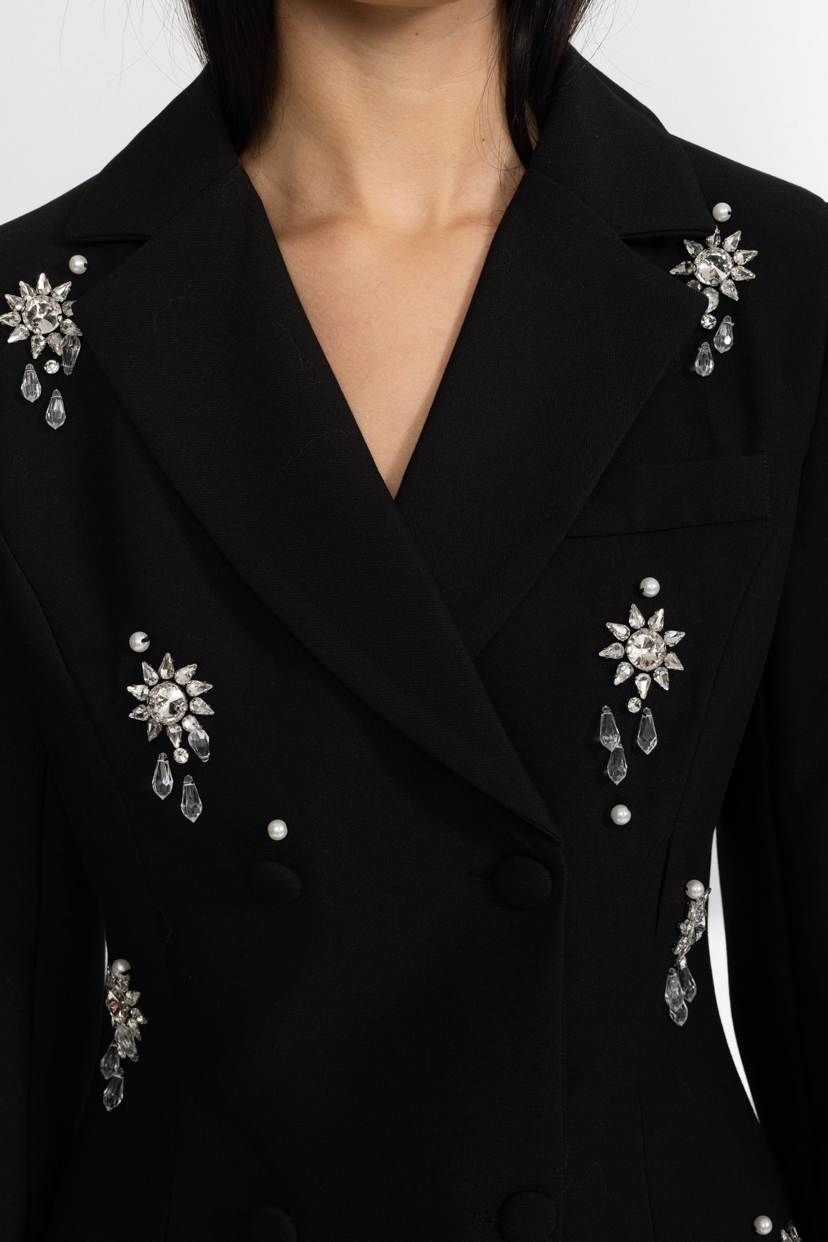 Lison Black Crystal Brooch Embellished Double-Breasted Blazer