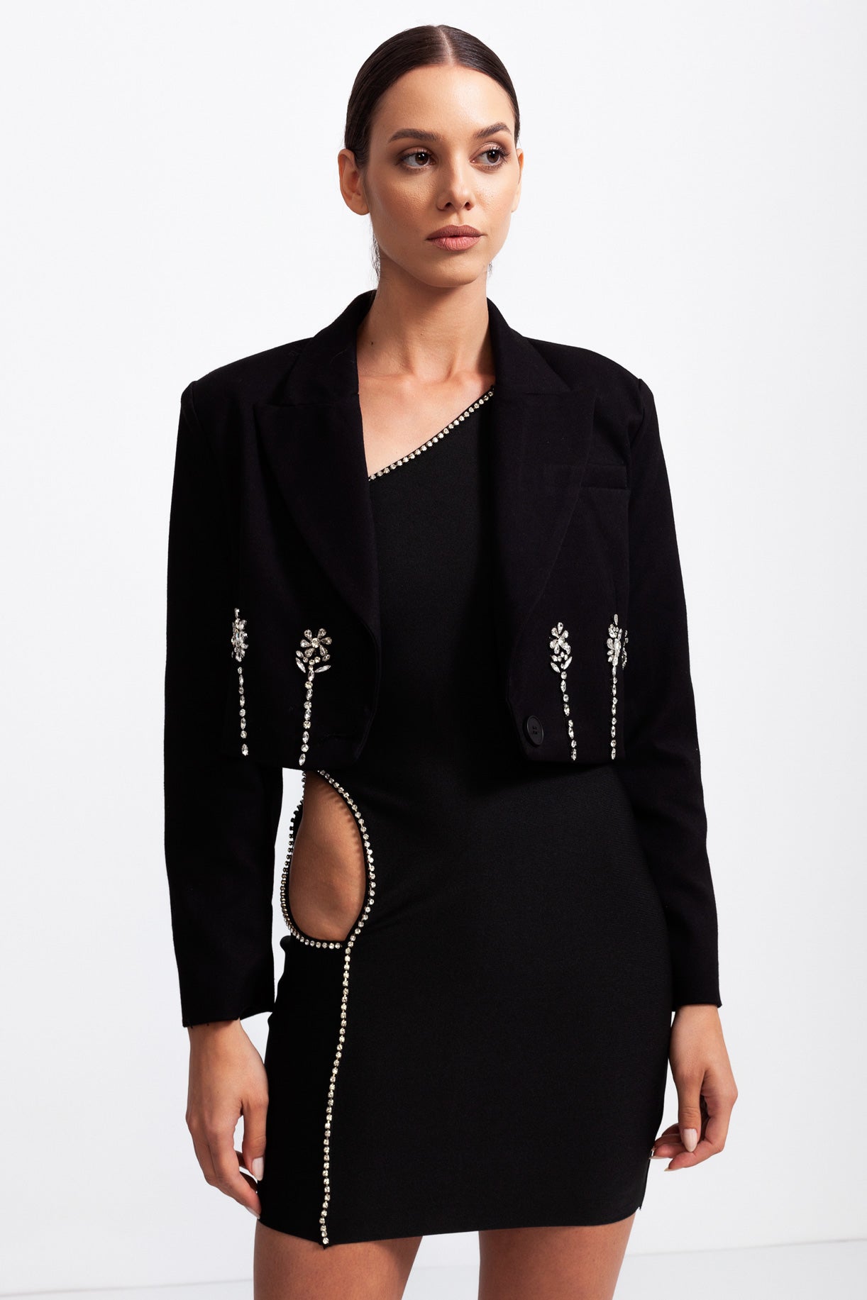 AMELIE Short Blazer with Decorative Rhinestones - Black