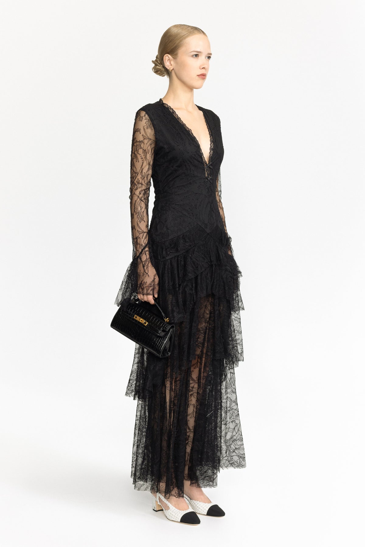 Ophélie Black Chantilly Lace Tiered Maxi Dress