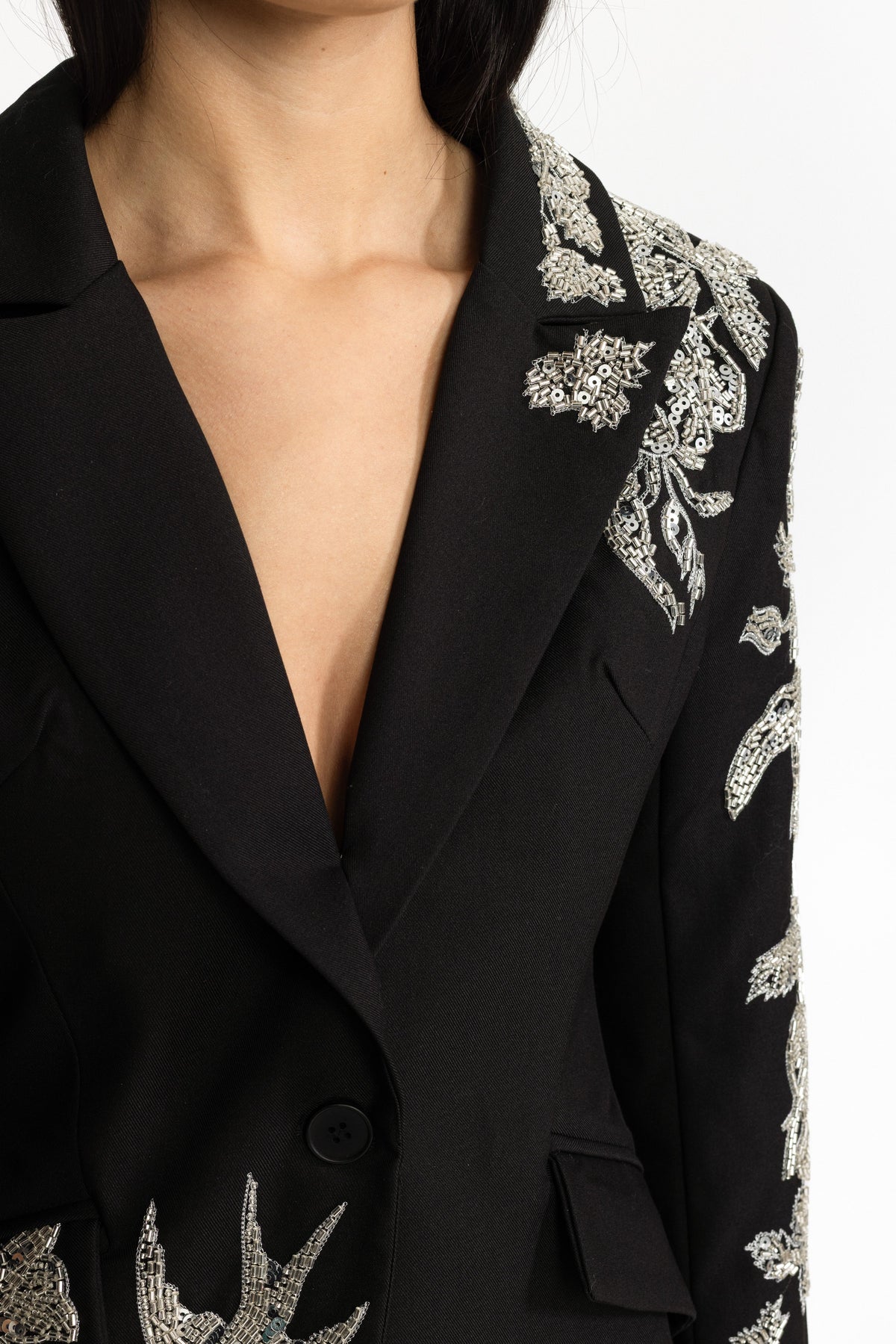 Noëlle Black Sequin Bird Embroidered Tailored Blazer
