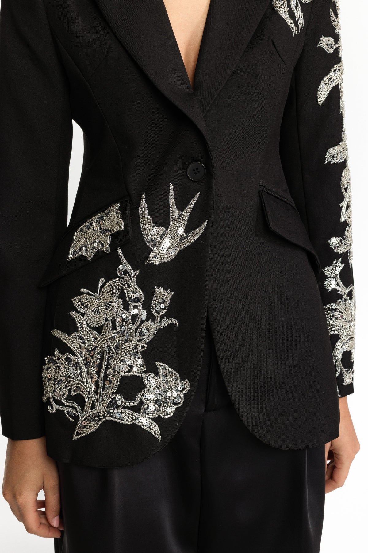 Noëlle Black Sequin Bird Embroidered Tailored Blazer