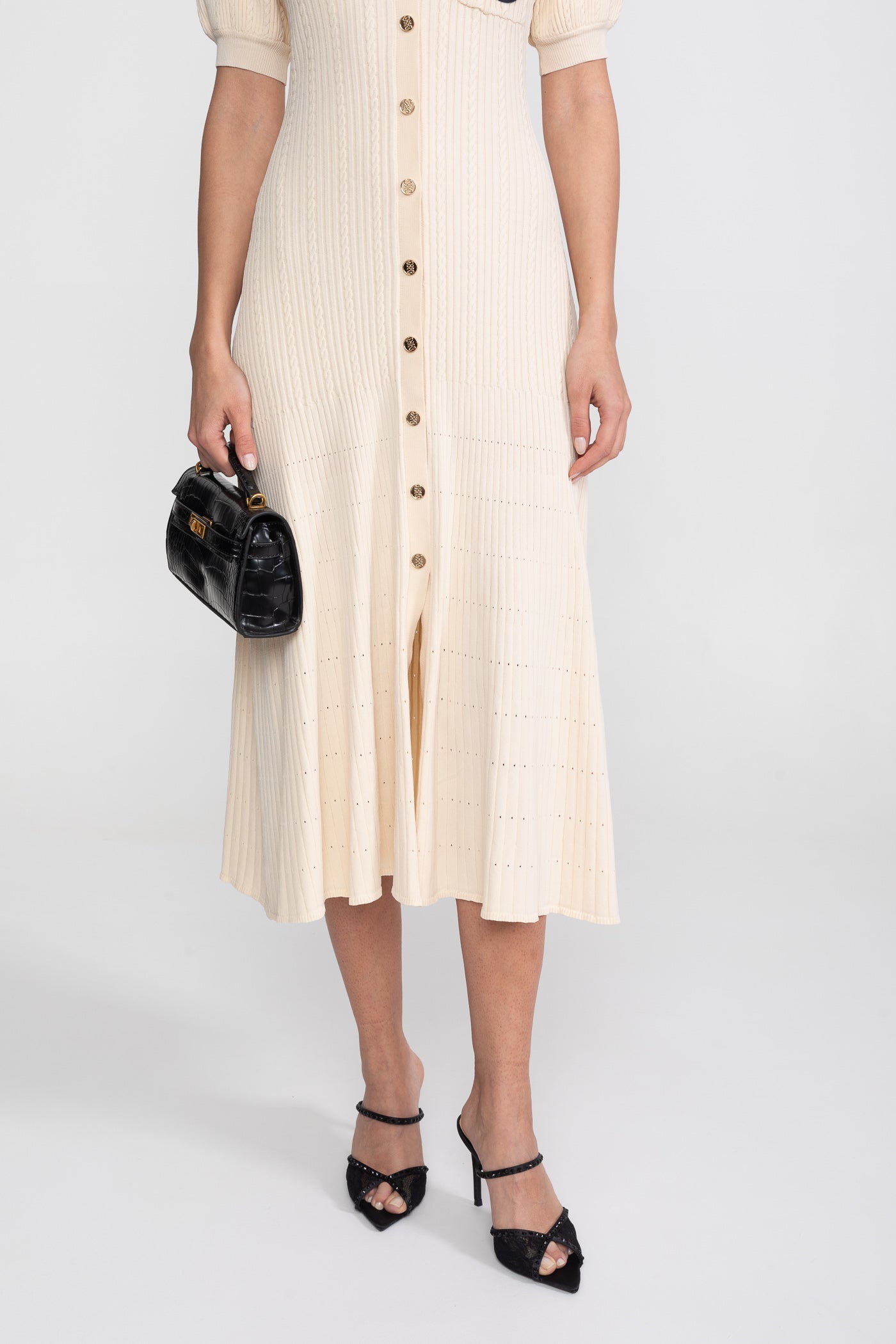 Short Sleeve Knit Midi Dress With Polo Collar And Monogram Patch - Cream