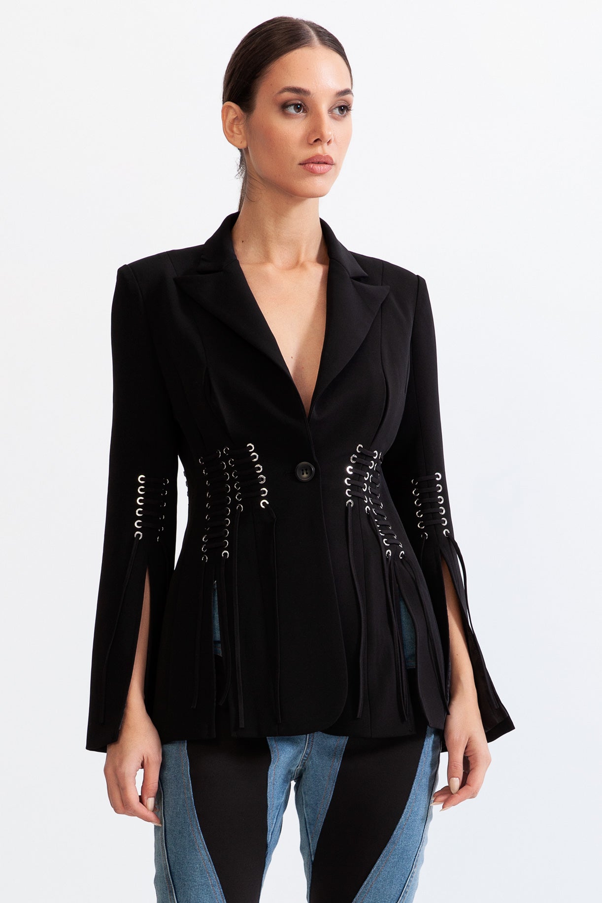 SERENITY Corset jacket with fringe details - Black