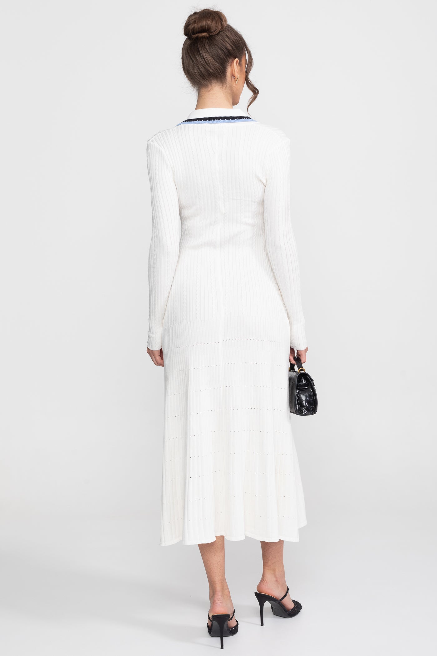 Long Sleeve Knit Midi Dress With Polo Collar And Monogram Patch - White