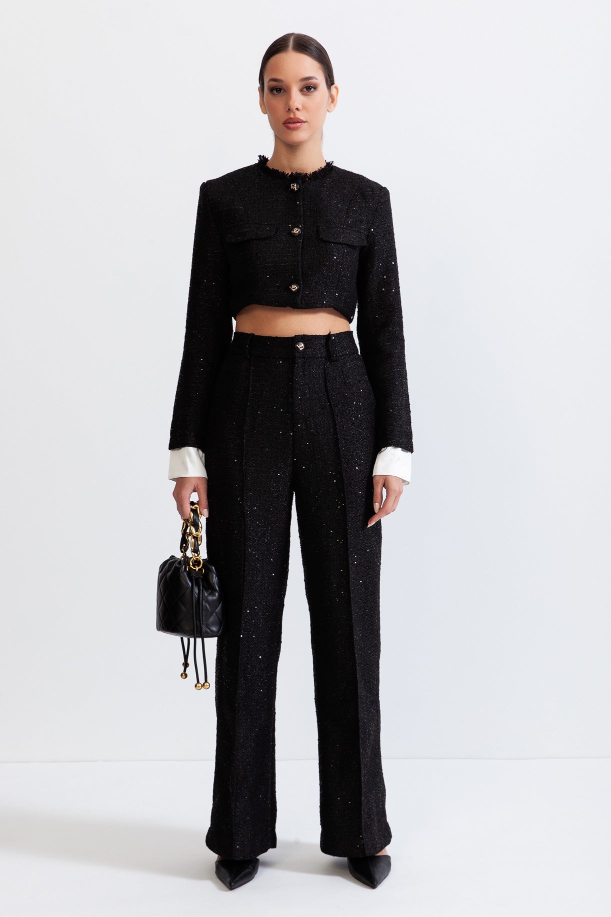 LEONORA Long Sleeve Tweed Co-Ord with Sequin Details - Black