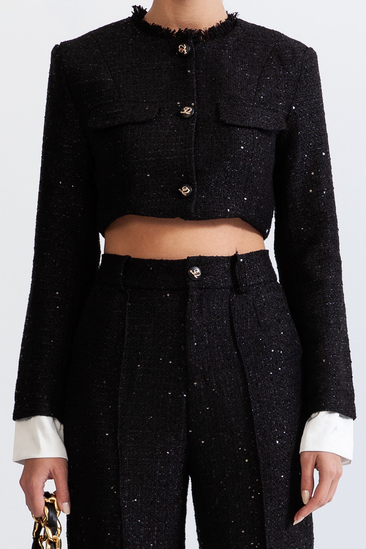 LEONORA Long Sleeve Tweed Co-Ord with Sequin Details - Black