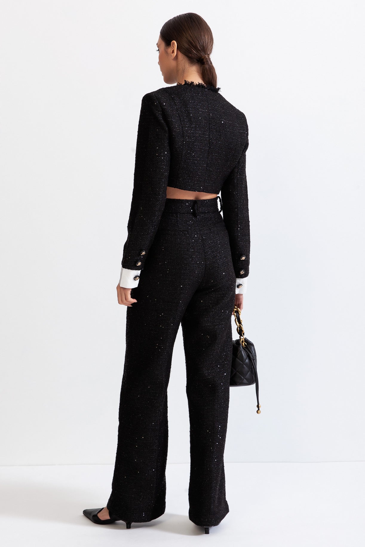 LEONORA Long Sleeve Tweed Co-Ord with Sequin Details - Black