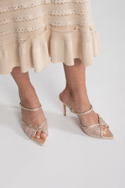 Crystal-Strap Lace Pointed-Toe Mules - Beige