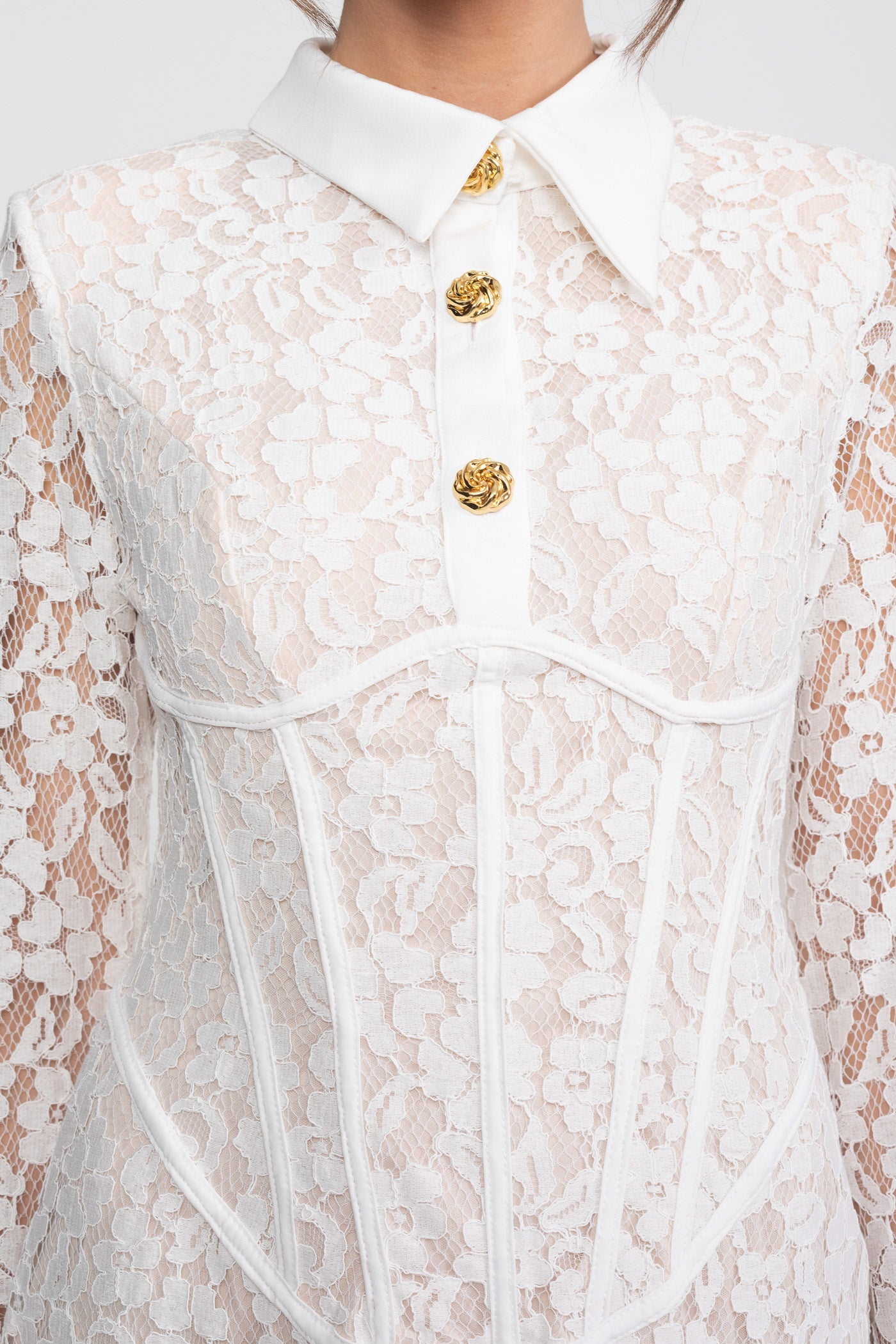 Long Sleeved Lace Mini Dress With Scallop Hem - White