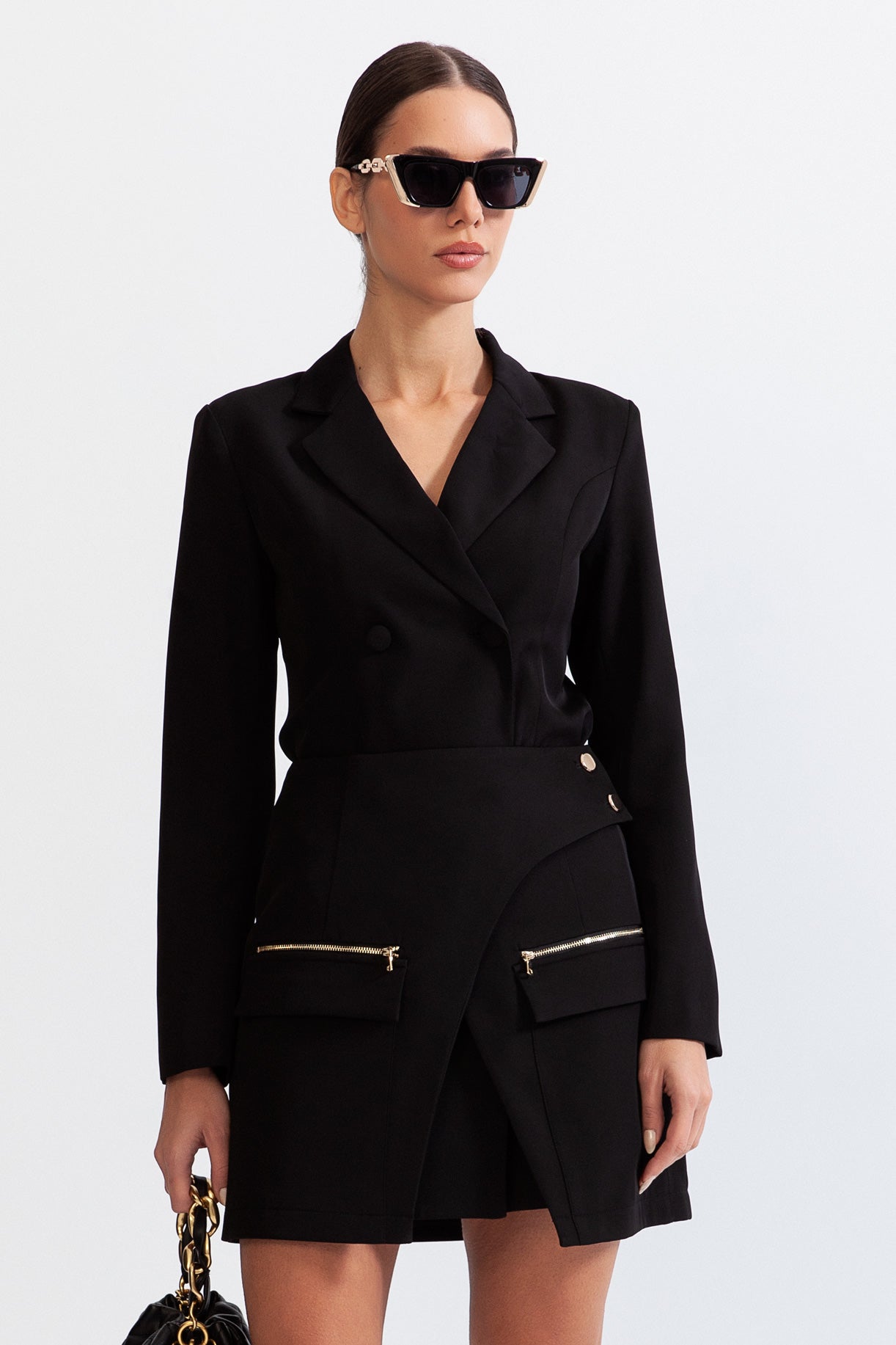 BLAIRE Long jacket with overlapping corset detail - Black