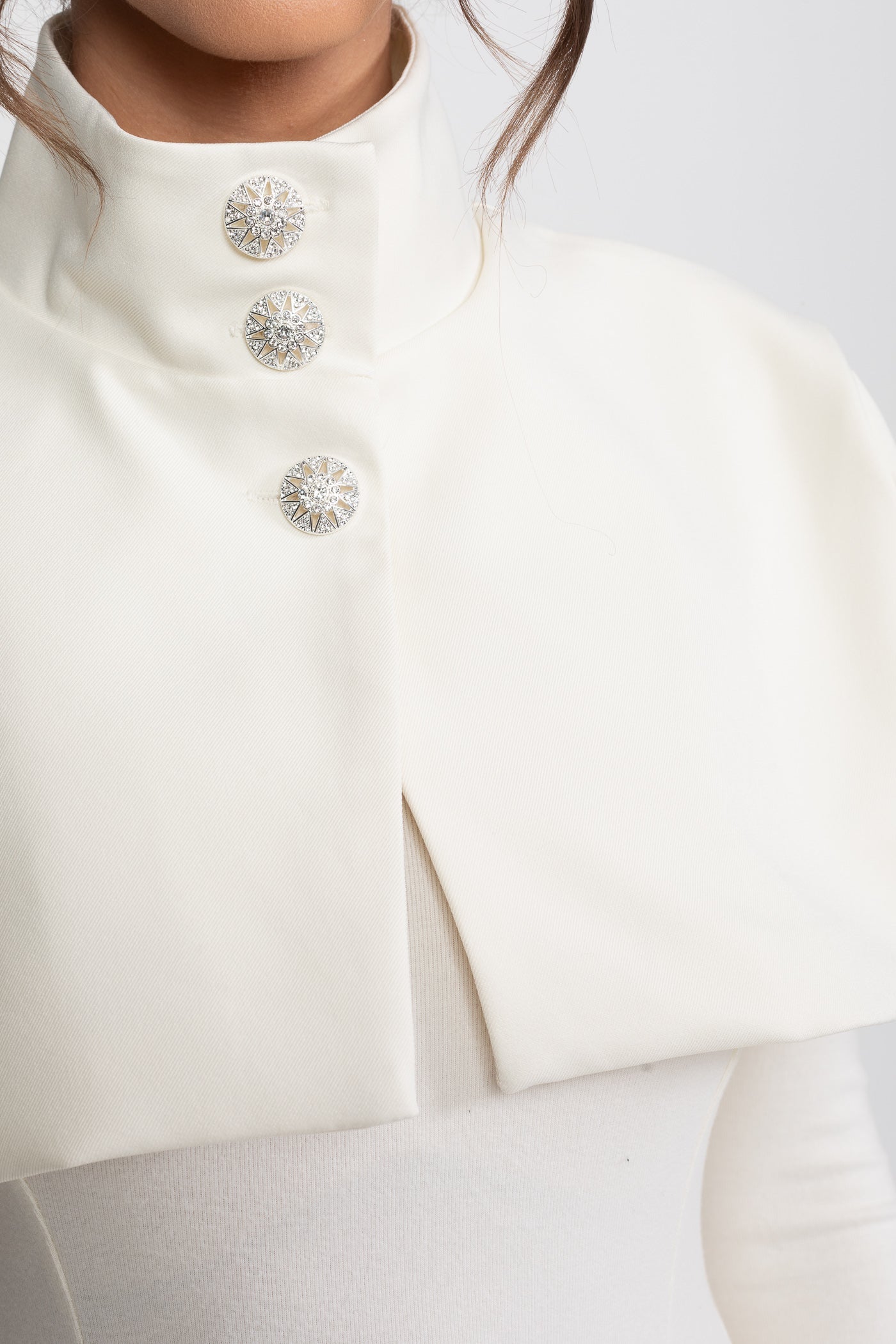 High-Neck Maxi Dress With Attached Capelet And Long Sleeves - White