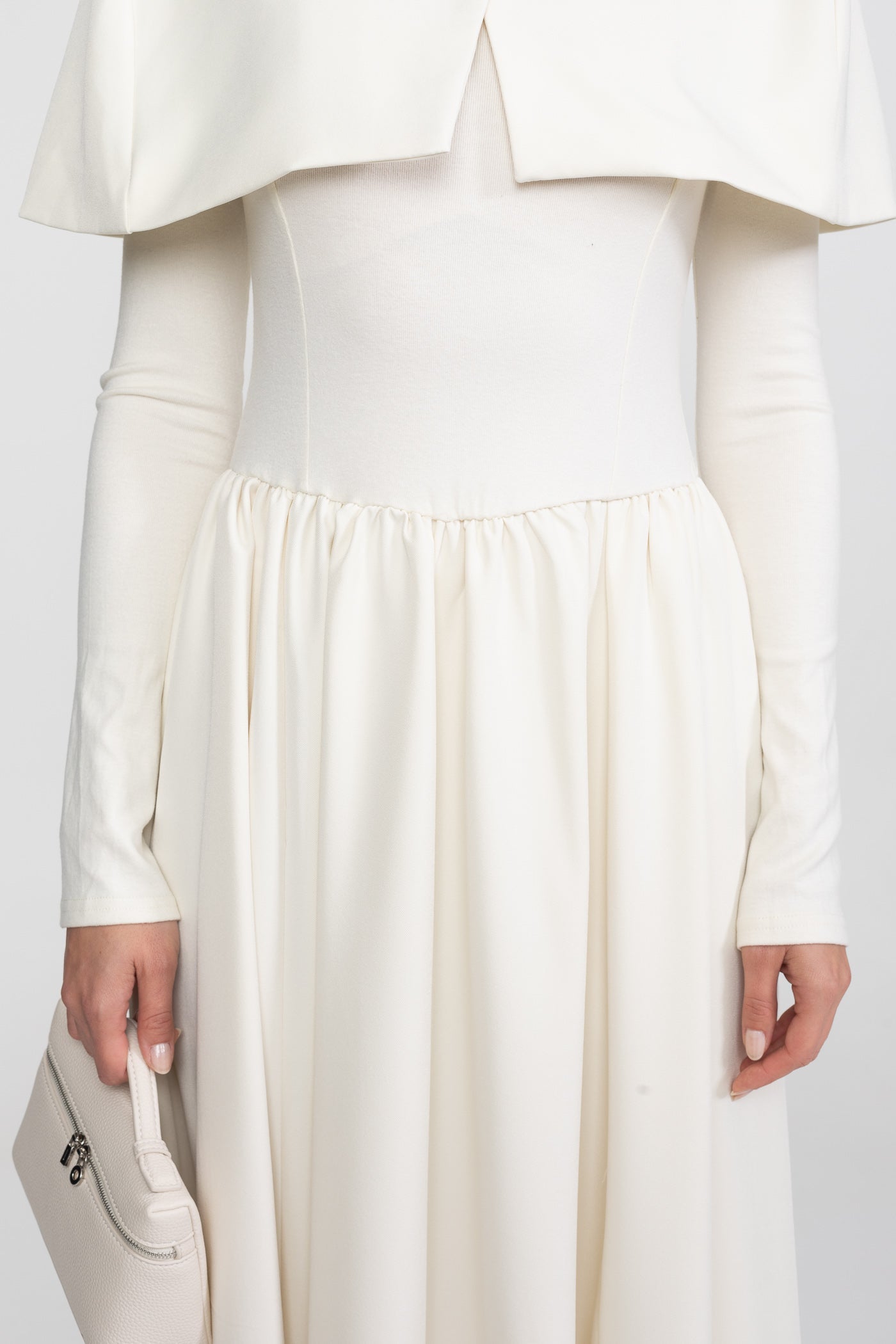 High-Neck Maxi Dress With Attached Capelet And Long Sleeves - White