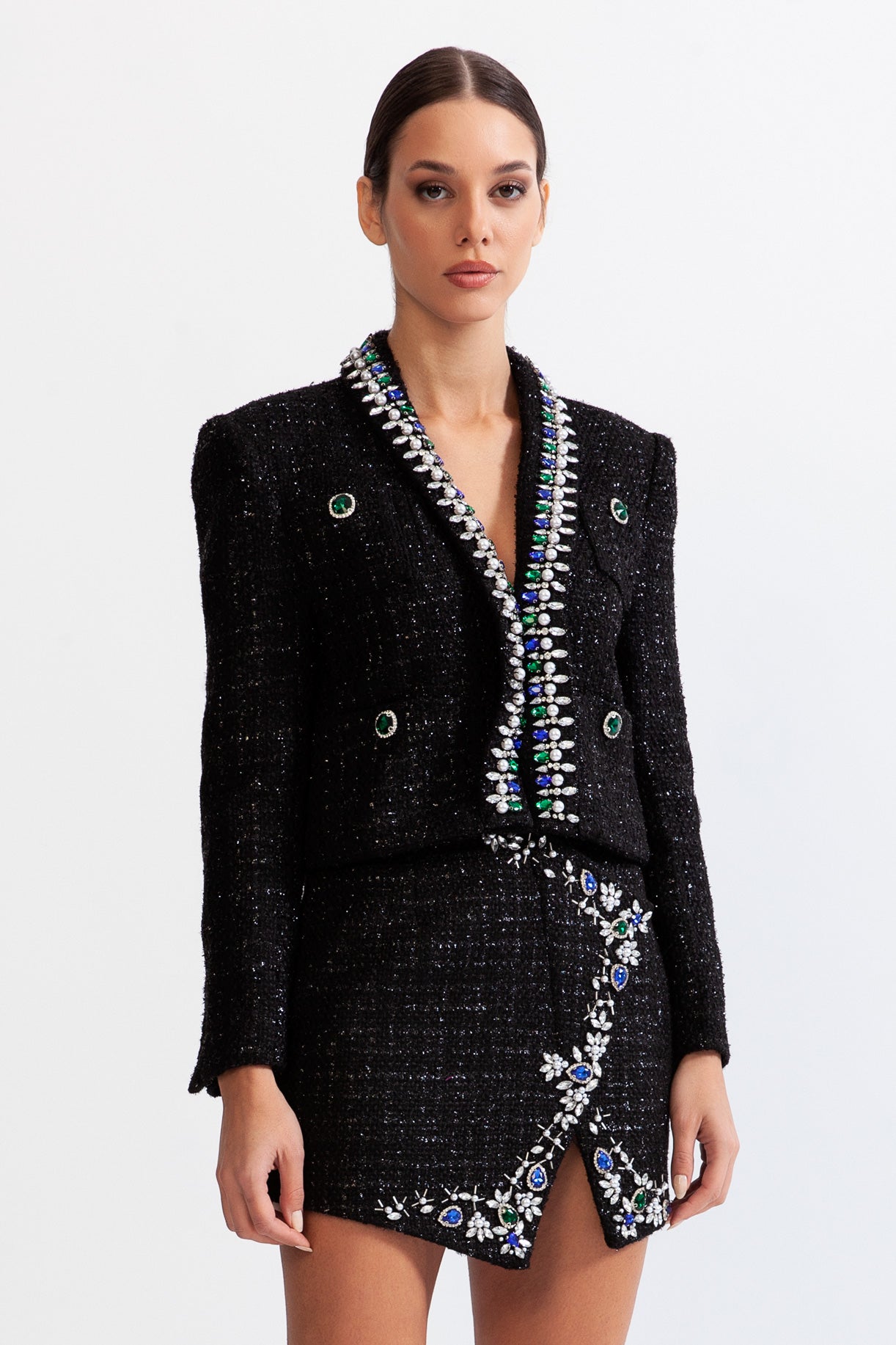 Tweed jewel blazer with wool blend - Black