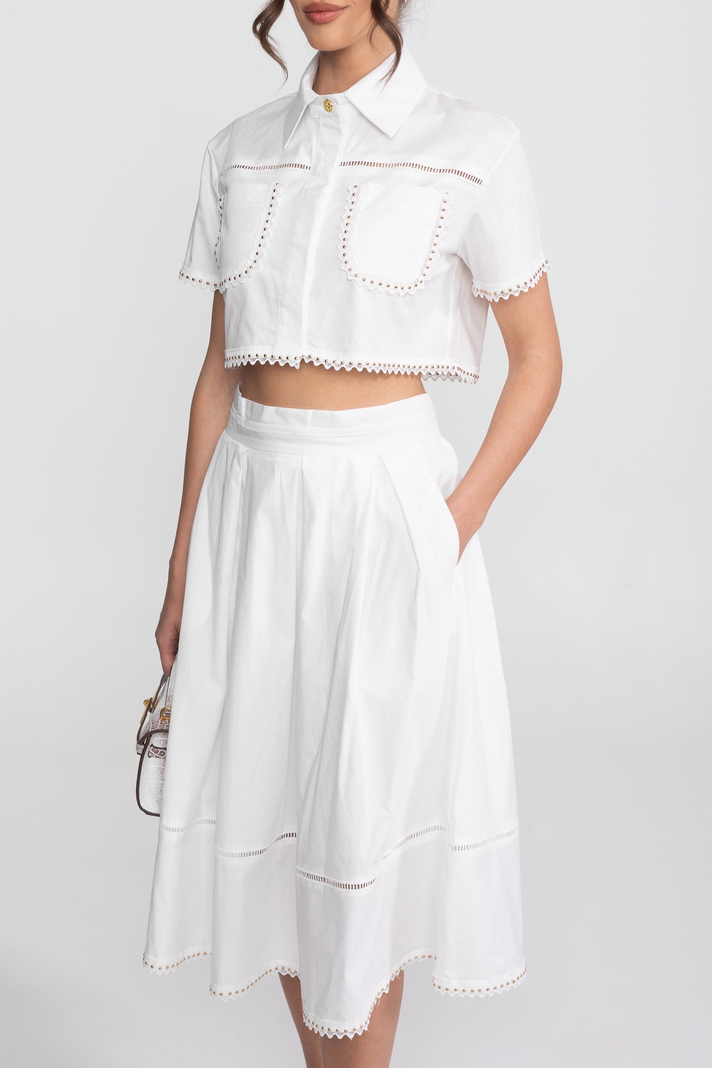 Broderie-Trim Cropped Shirt And Midi Skirt Co-Ord Set - White