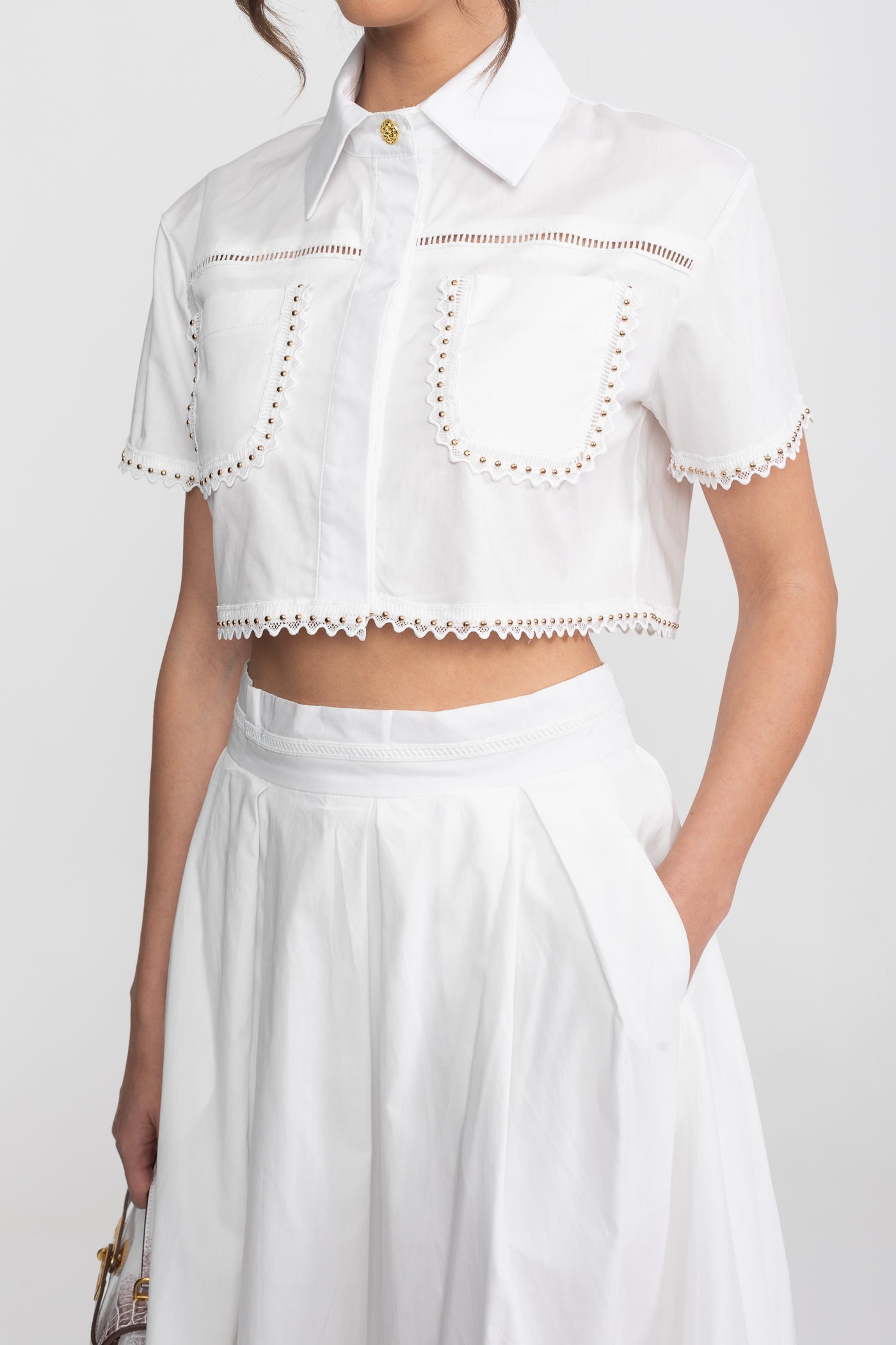 Broderie-Trim Cropped Shirt And Midi Skirt Co-Ord Set - White