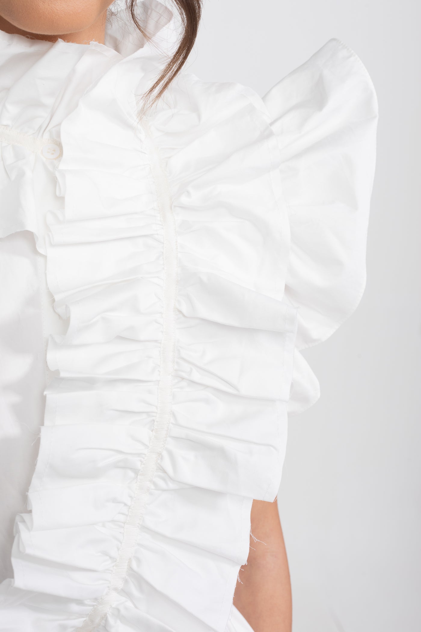 High-Neck Maxi Dress With Dramatic Ruffle Bib Front - White